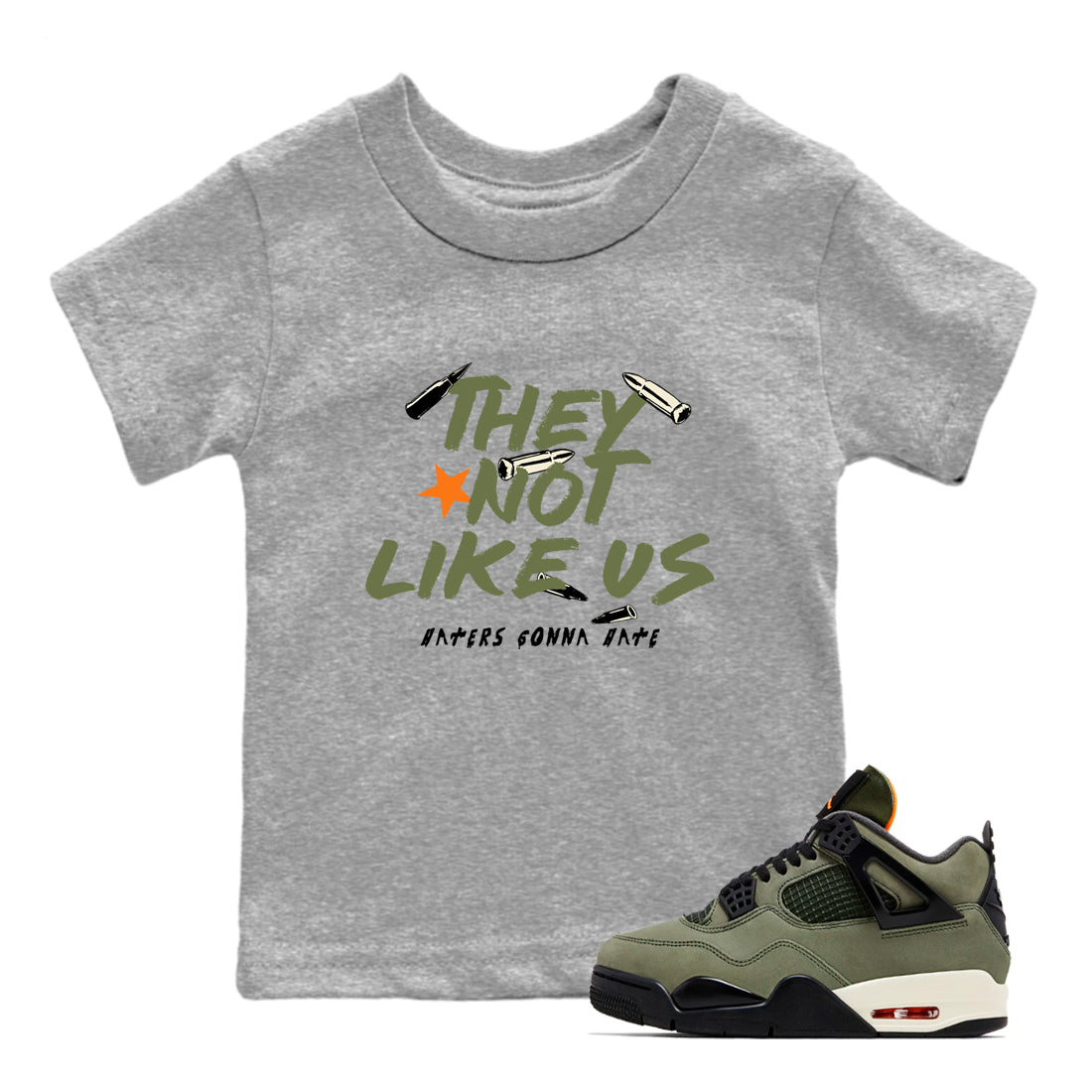 Sneaker match tees – Sneaker Tees To Match Undefeated inspired colorways Air Jordan 4 OG Olive Shoes – They Not Like Us Kids T-Shirt Heather Grey 1