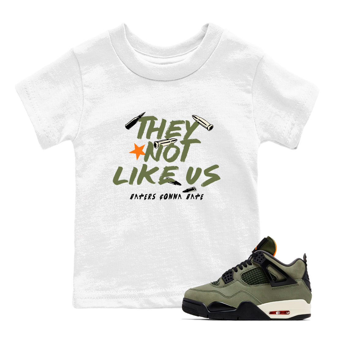 Sneaker match tees – Sneaker Tees To Match Undefeated inspired colorways Air Jordan 4 OG Olive Shoes – They Not Like Us Kids T-Shirt White 1
