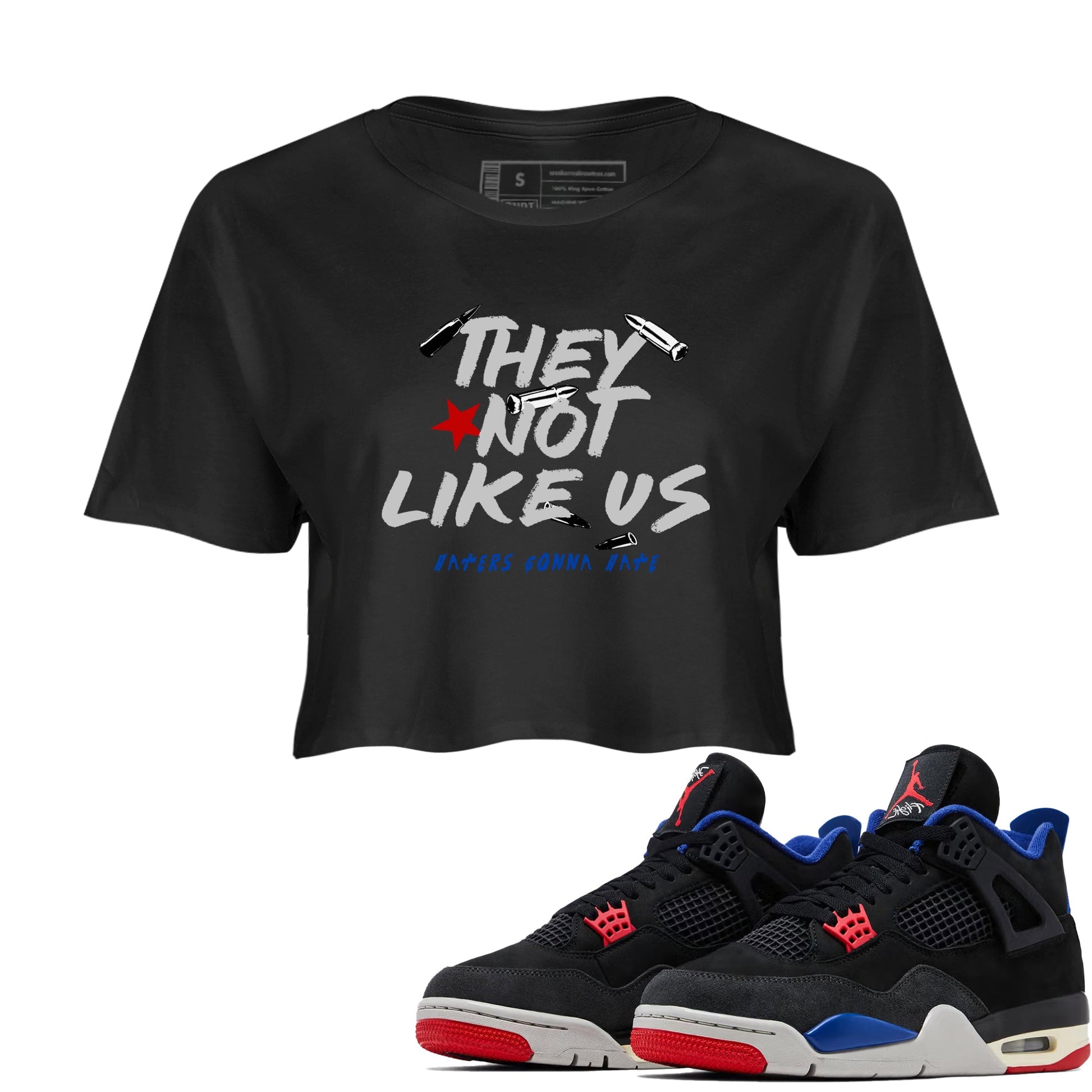 Sneaker match tees – Sneaker Tees To Match Air Jordan 4 Rare Air Shoes – They Not Like Us Crop T-Shirt Black 1