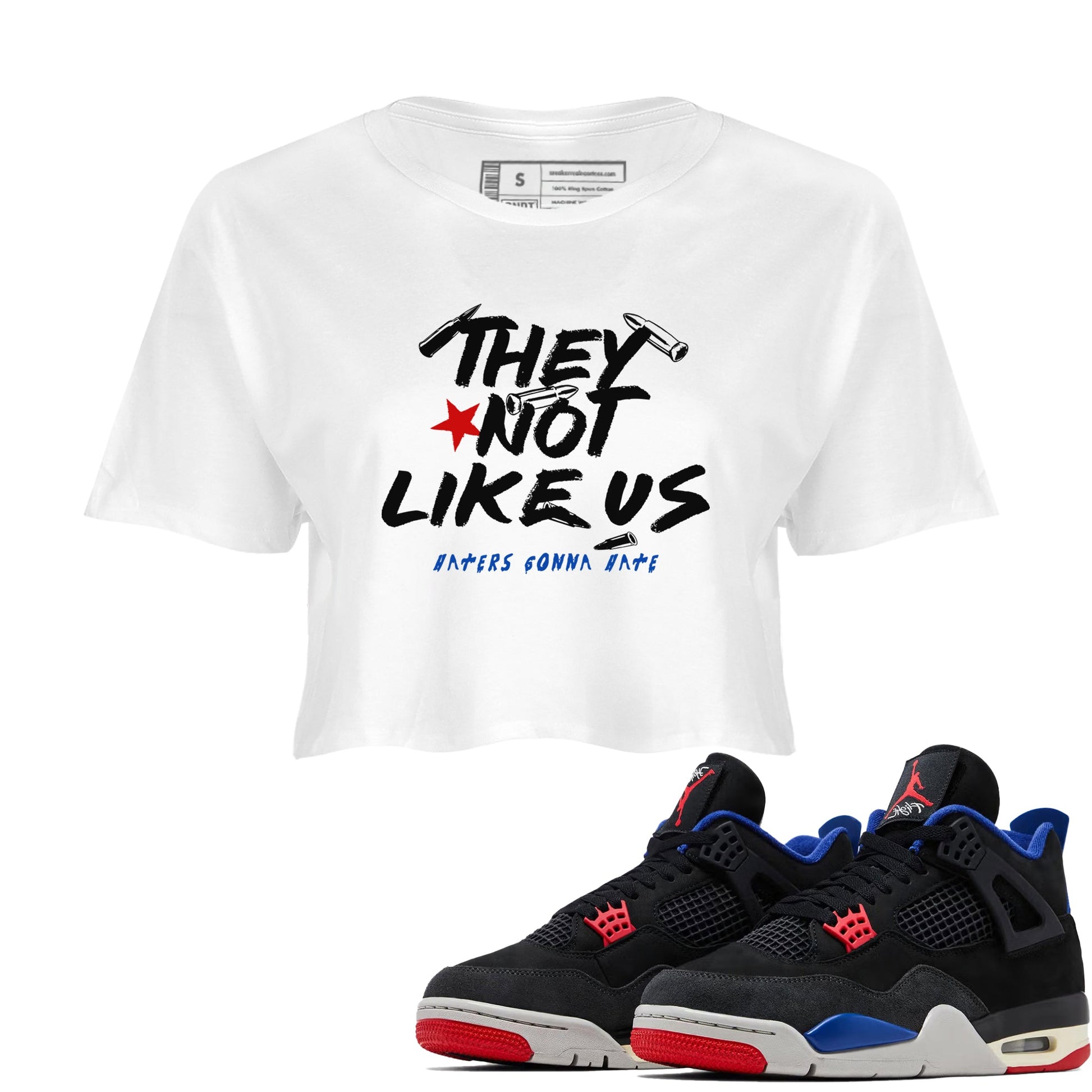 Sneaker match tees – Sneaker Tees To Match Air Jordan 4 Rare Air Shoes – They Not Like Us Crop T-Shirt White 1