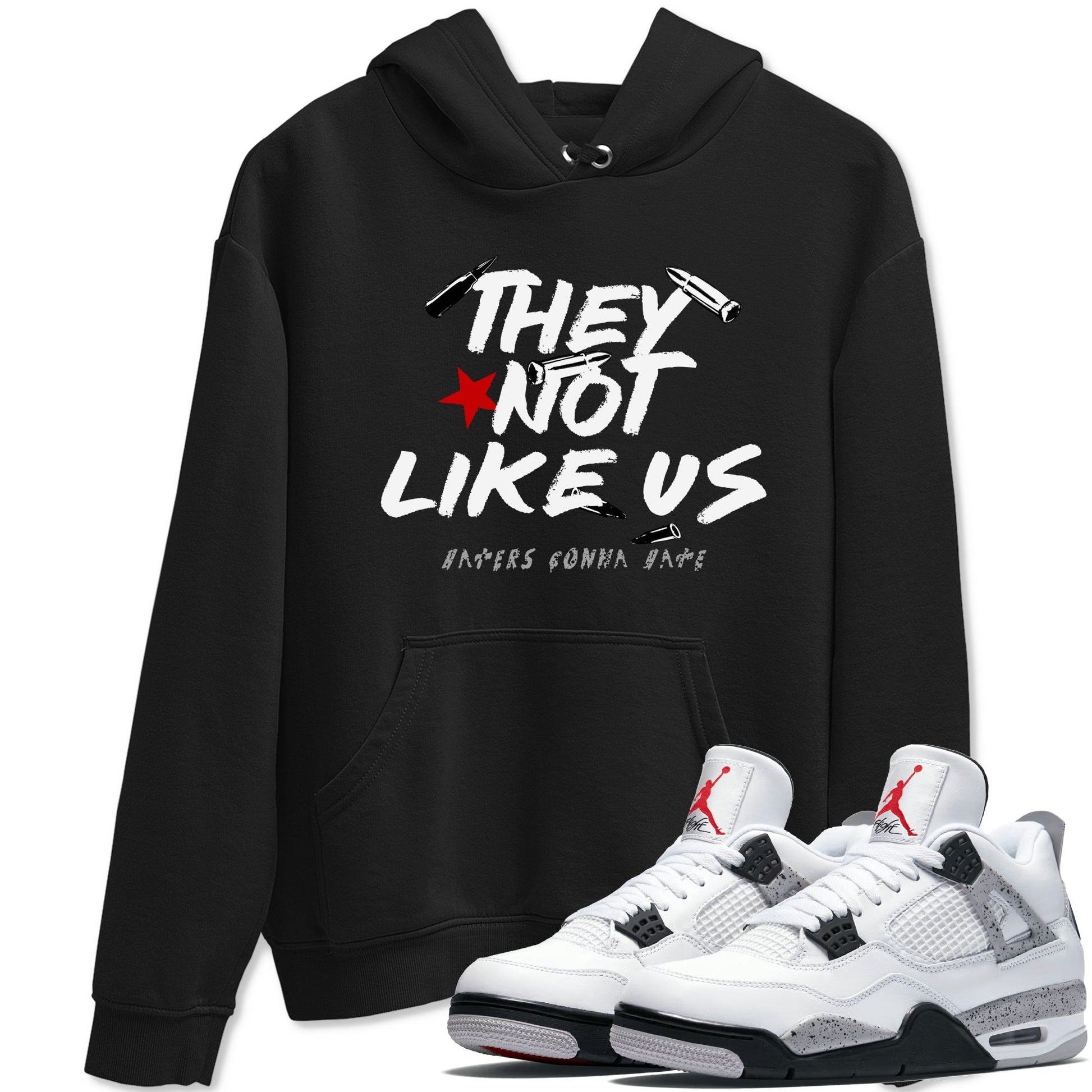 They Not Like Us sneaker match t-shirt styled to complete your fit with the Air Jordan 4 White Cement sneakers, shown in Black 1.