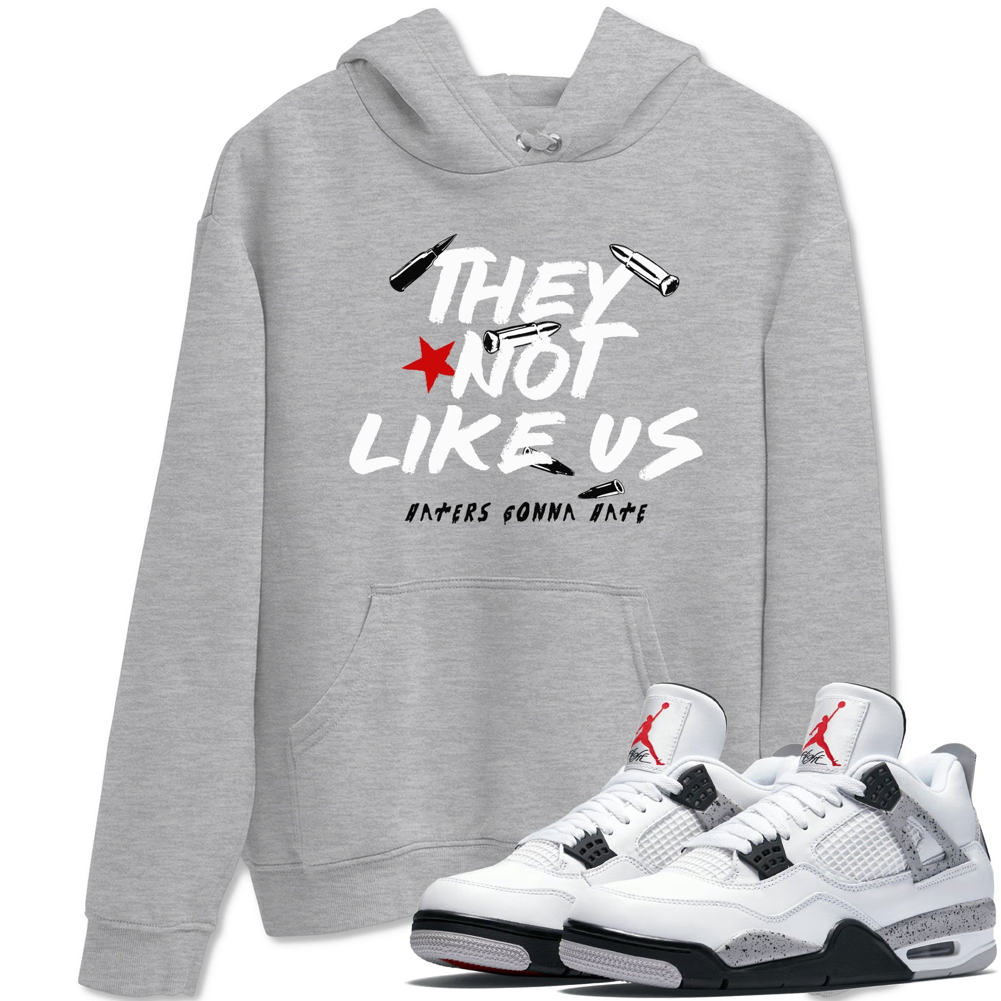 They Not Like Us sneaker match t-shirt styled to complete your fit with the Air Jordan 4 White Cement sneakers, shown in Heather Grey 1.