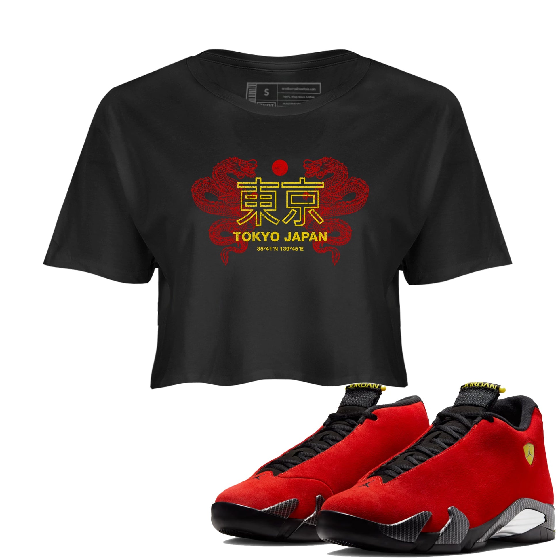 Tokyo Dragons womens crop tee made to vibe with the Air Jordan 14 Challenge Red sneakers — the perfect match in Black 1.
