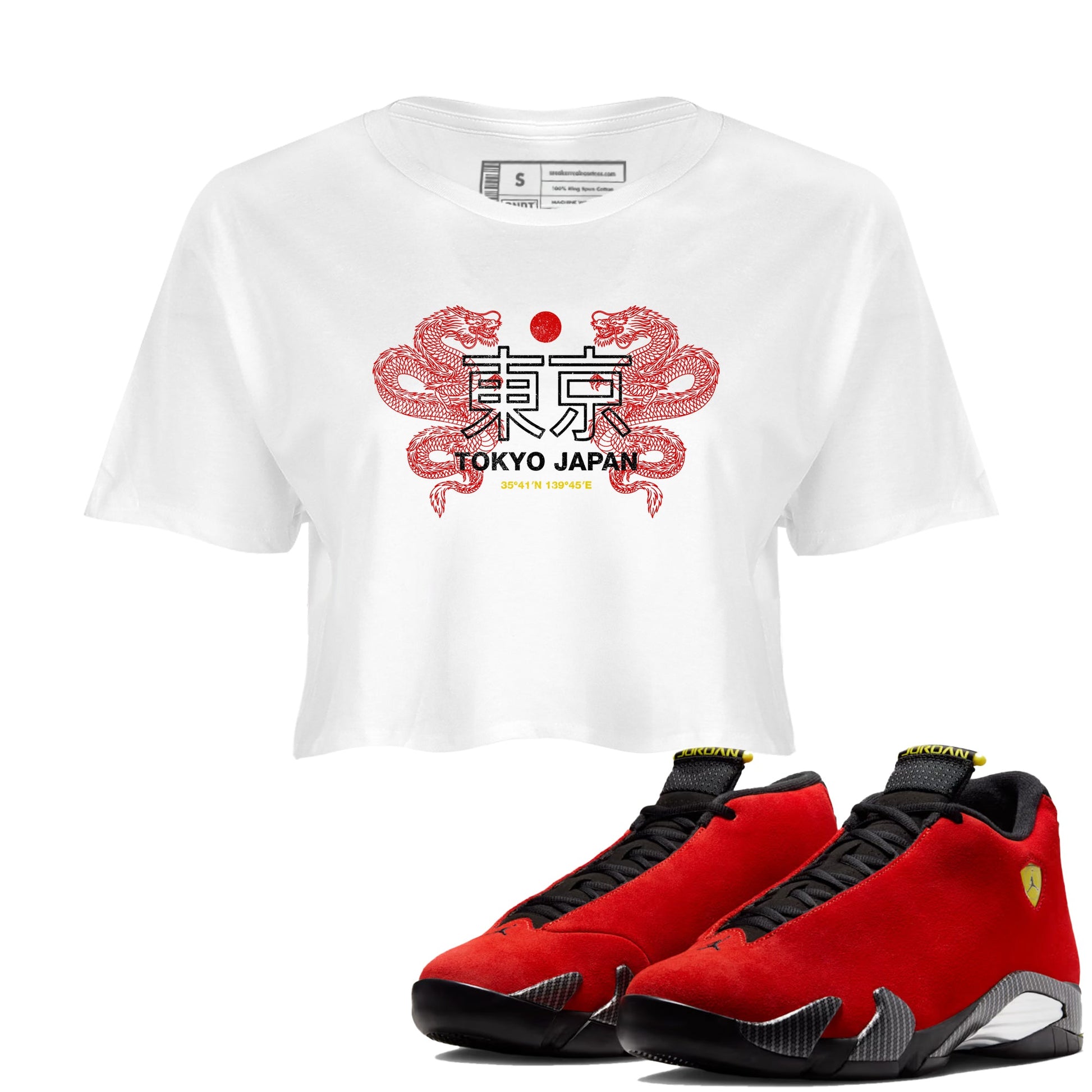 Tokyo Dragons womens crop tee made to vibe with the Air Jordan 14 Challenge Red sneakers — the perfect match in White 1.