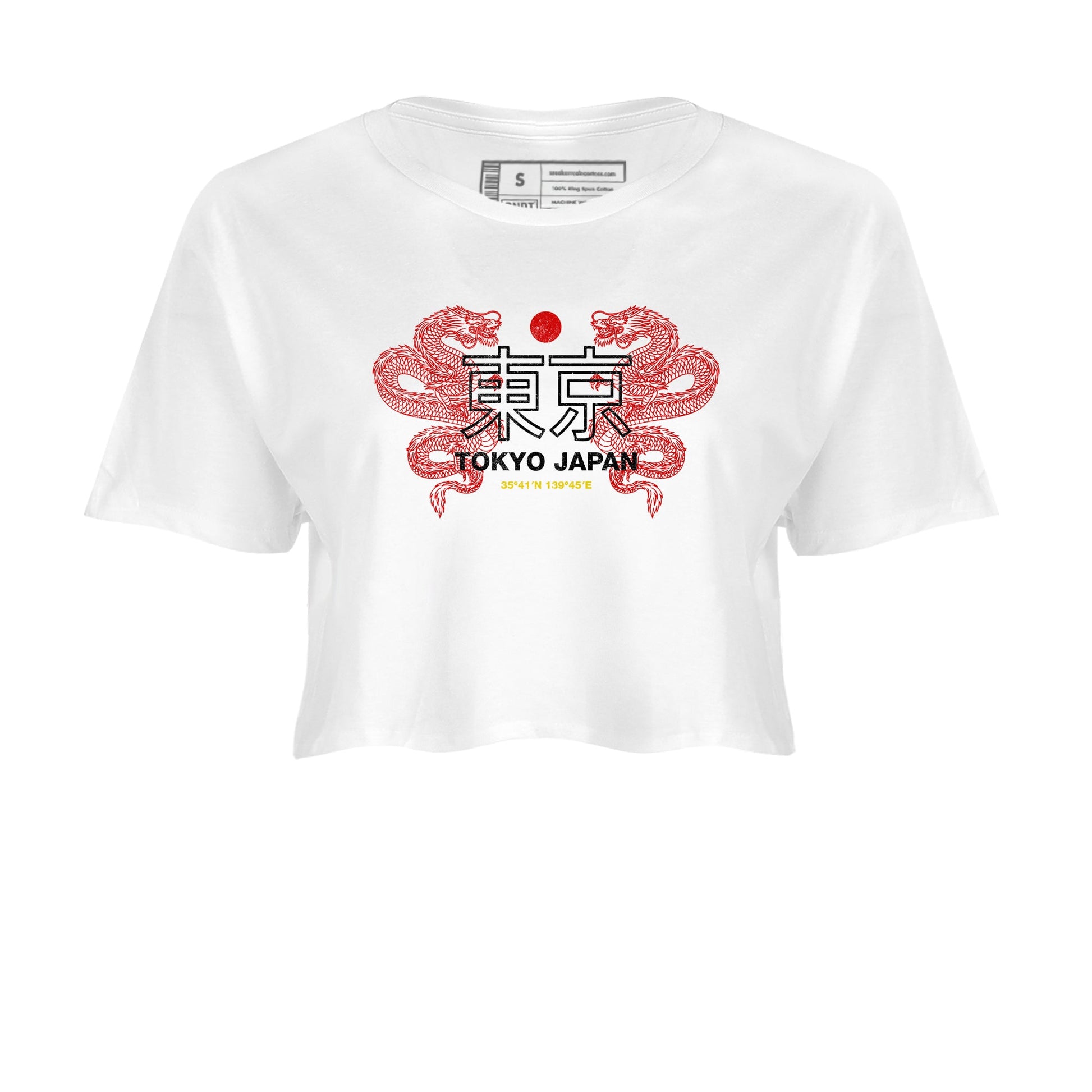 Tokyo Dragons womens crop tee made to vibe with the Air Jordan 14 Challenge Red sneakers — the perfect match in White 2.