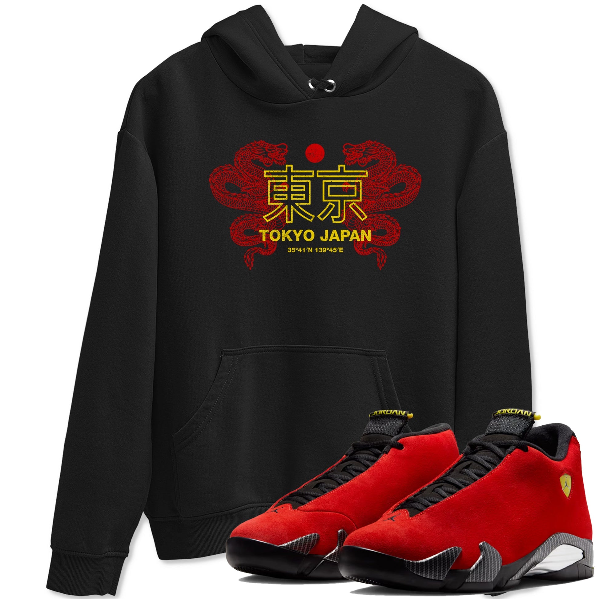 Tokyo Dragons sneaker match t-shirt styled to complete your fit with the Air Jordan 14 Challenge Red sneakers, AJ14 Ferrari, shown in Black 1.