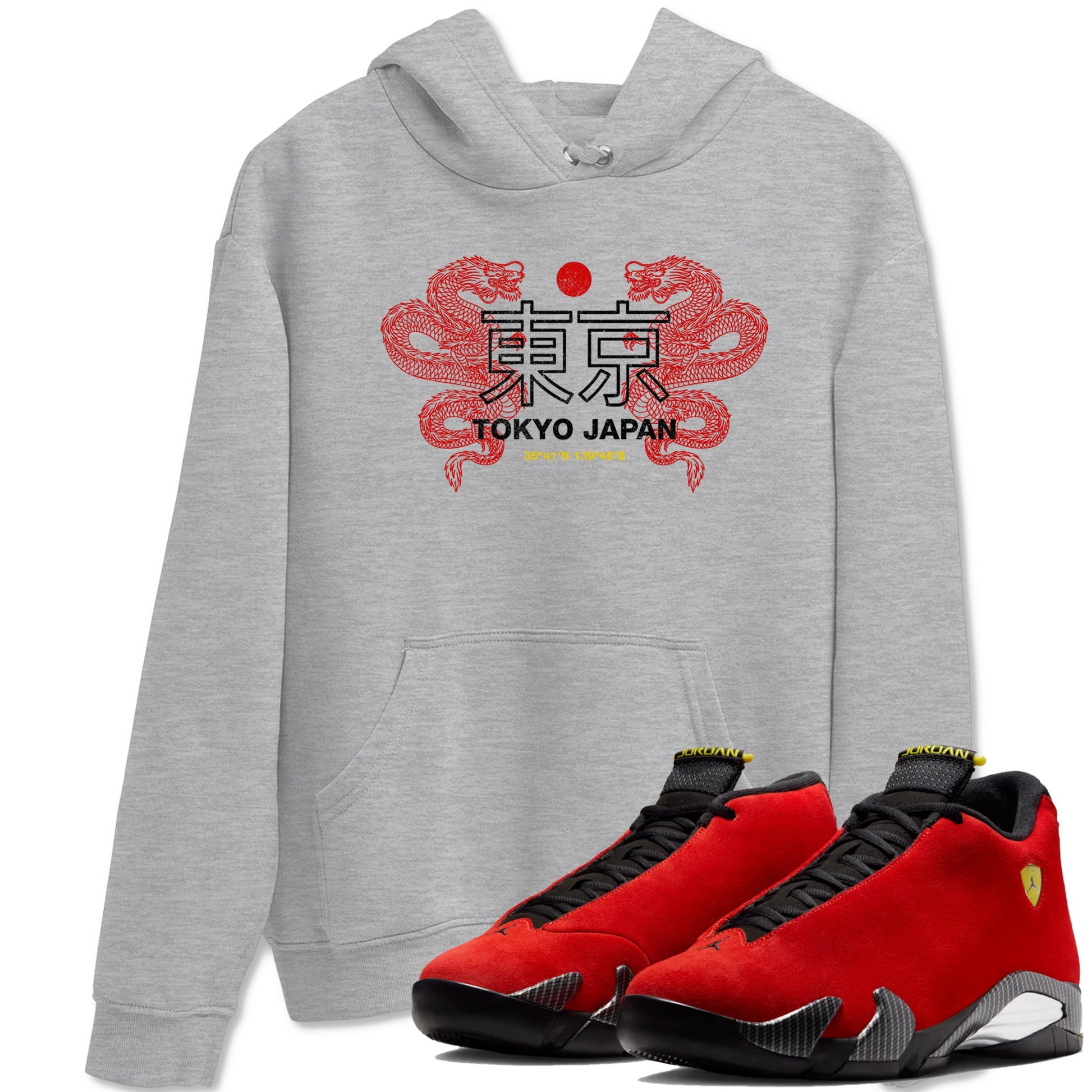 Tokyo Dragons sneaker match t-shirt styled to complete your fit with the Air Jordan 14 Challenge Red sneakers, AJ14 Ferrari, shown in Heather Grey 1.