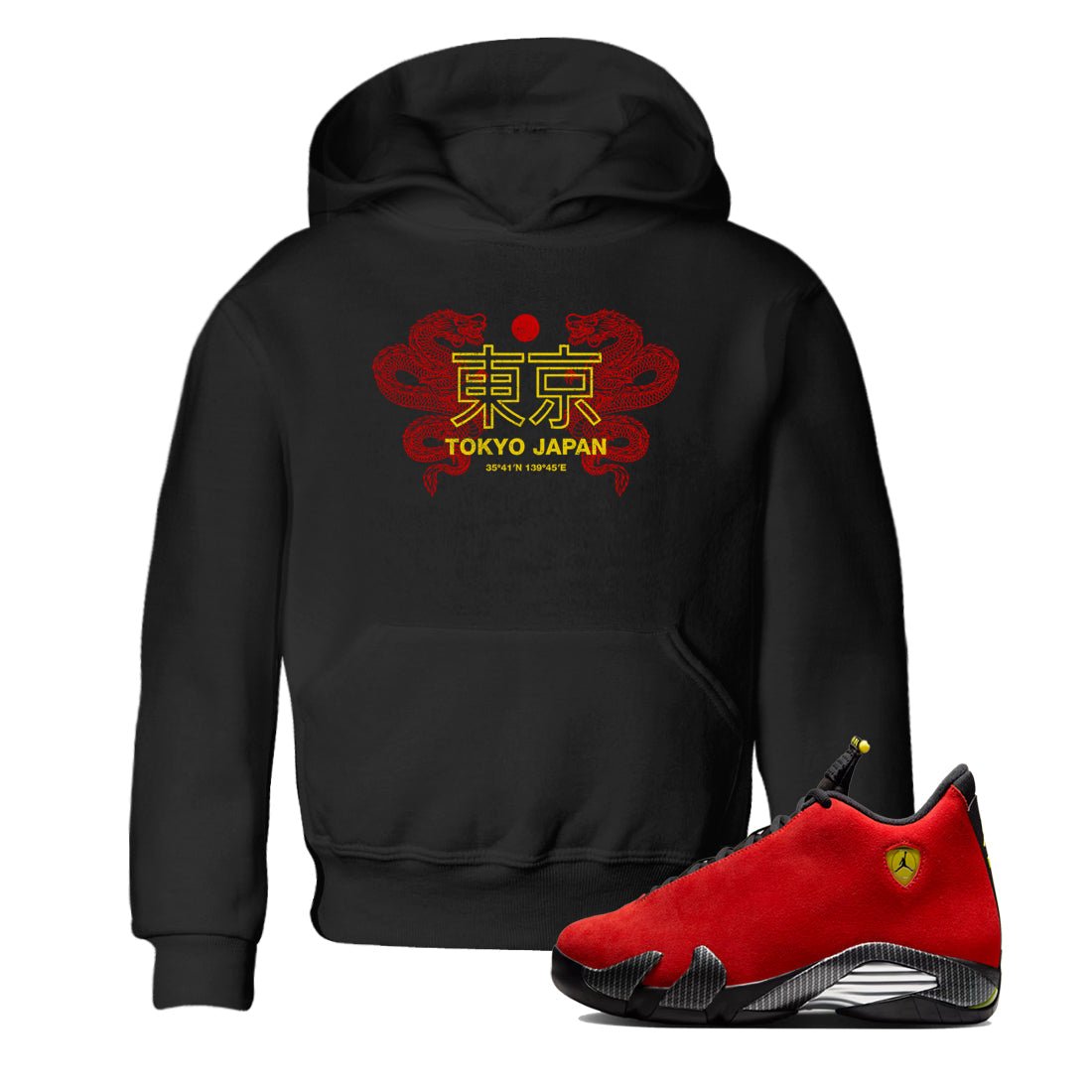 Tokyo Dragons baby and kids t-shirt crafted for little sneakerheads to shine with the Air Jordan 14 Challenge Red sneakers, AJ14 Ferrari, displayed in Black 1.