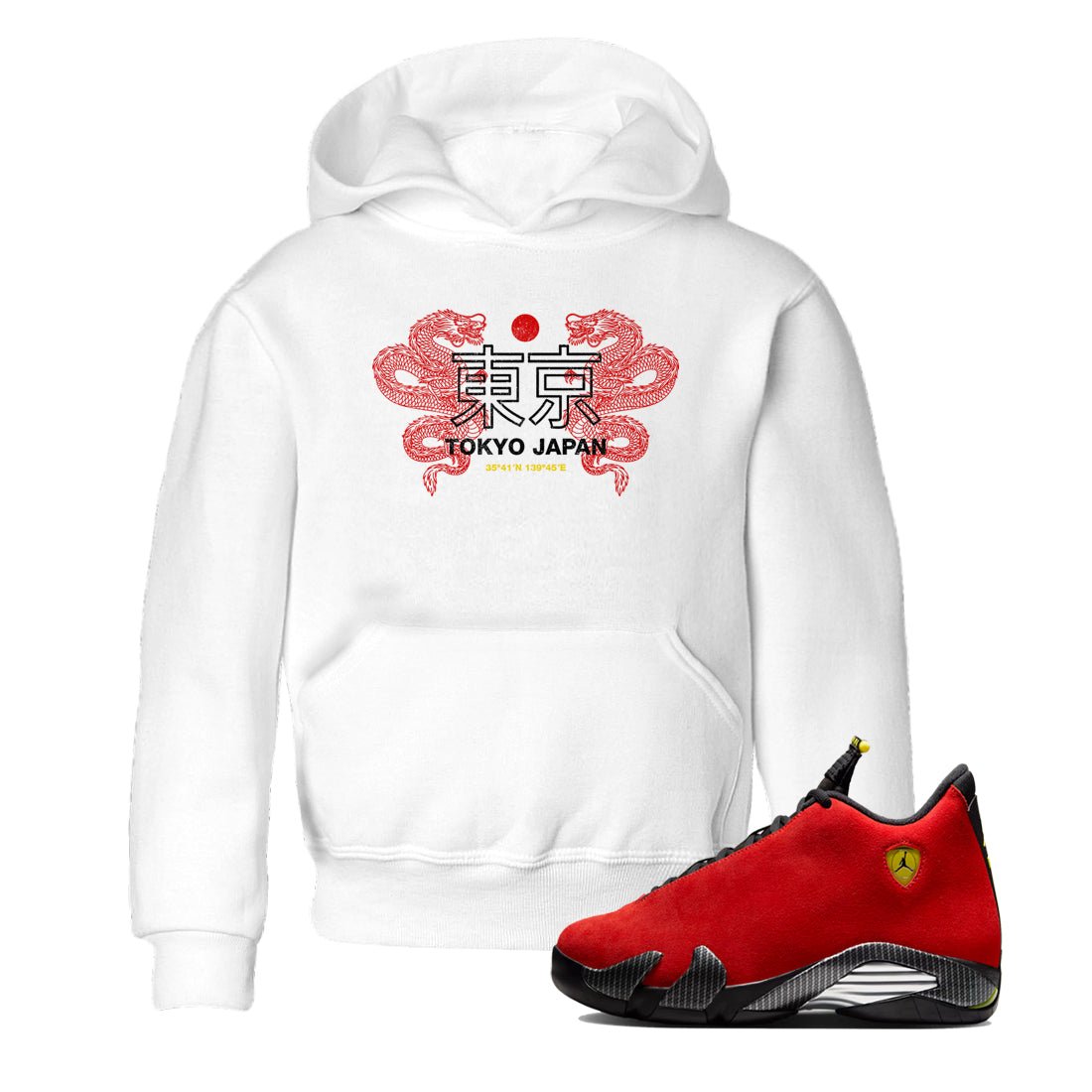 Tokyo Dragons baby and kids t-shirt crafted for little sneakerheads to shine with the Air Jordan 14 Challenge Red sneakers, AJ14 Ferrari, displayed in White 1.