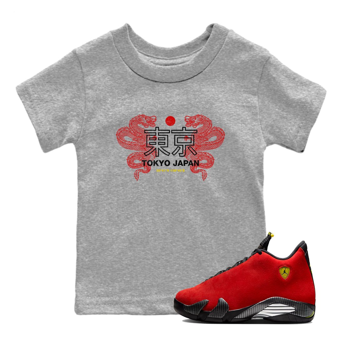 Tokyo Dragons baby and kids t-shirt crafted for little sneakerheads to shine with the Air Jordan 14 Challenge Red sneakers, AJ14 Ferrari, displayed in Heather Grey 1.