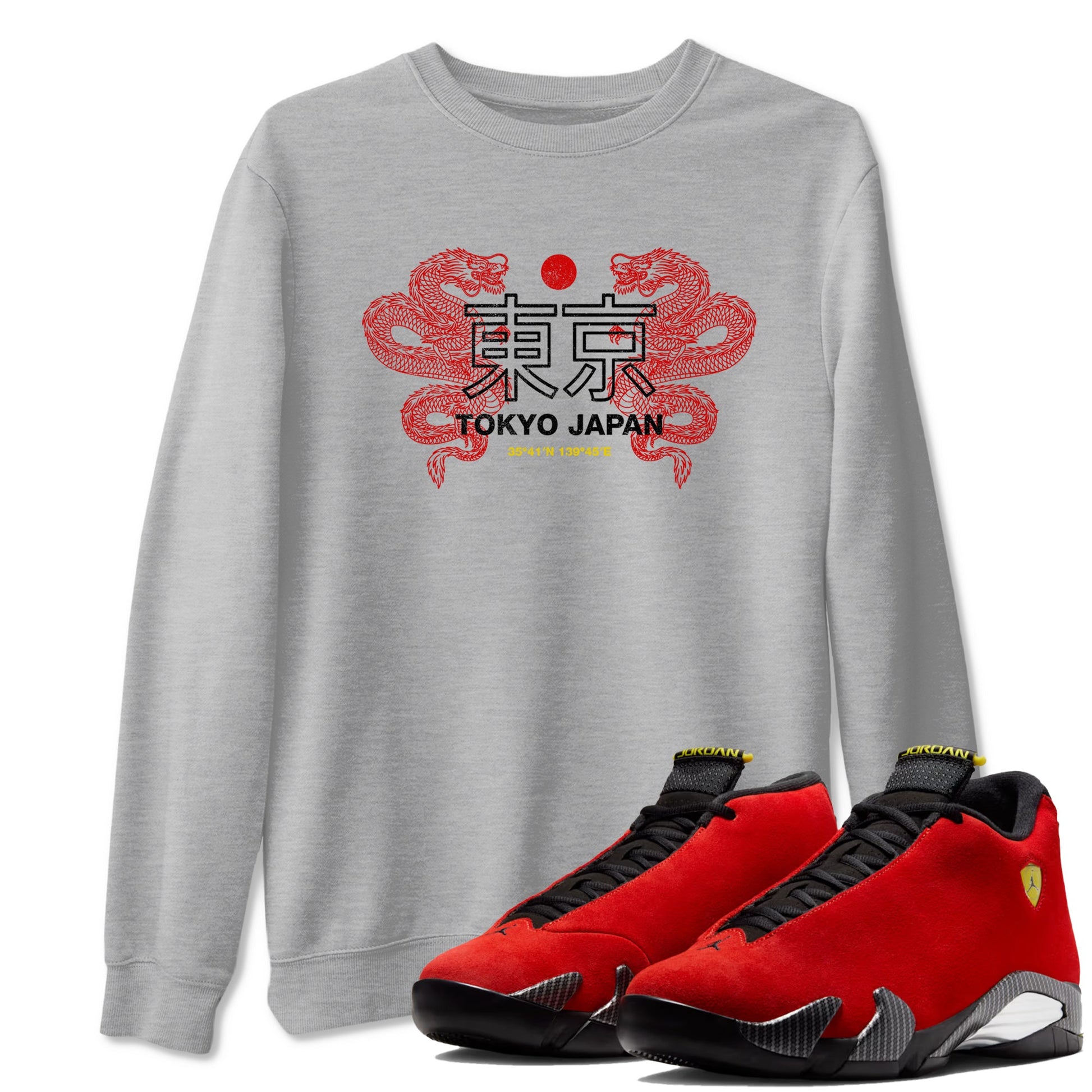 Tokyo Dragons sneaker match t-shirt styled to complete your fit with the Air Jordan 14 Challenge Red sneakers, AJ14 Ferrari, shown in Heather Grey 1.