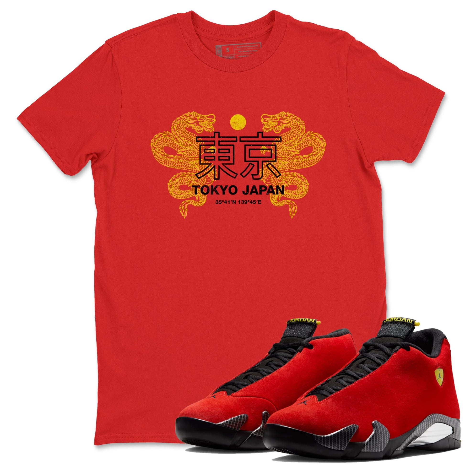 Tokyo Dragons sneaker match t-shirt styled to complete your fit with the Air Jordan 14 Challenge Red sneakers, AJ14 Ferrari, shown in Red 1.