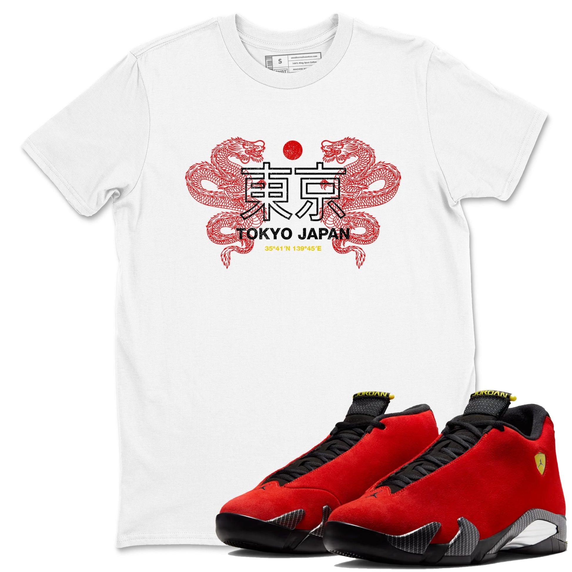 Tokyo Dragons sneaker match t-shirt styled to complete your fit with the Air Jordan 14 Challenge Red sneakers, AJ14 Ferrari, shown in White 1.