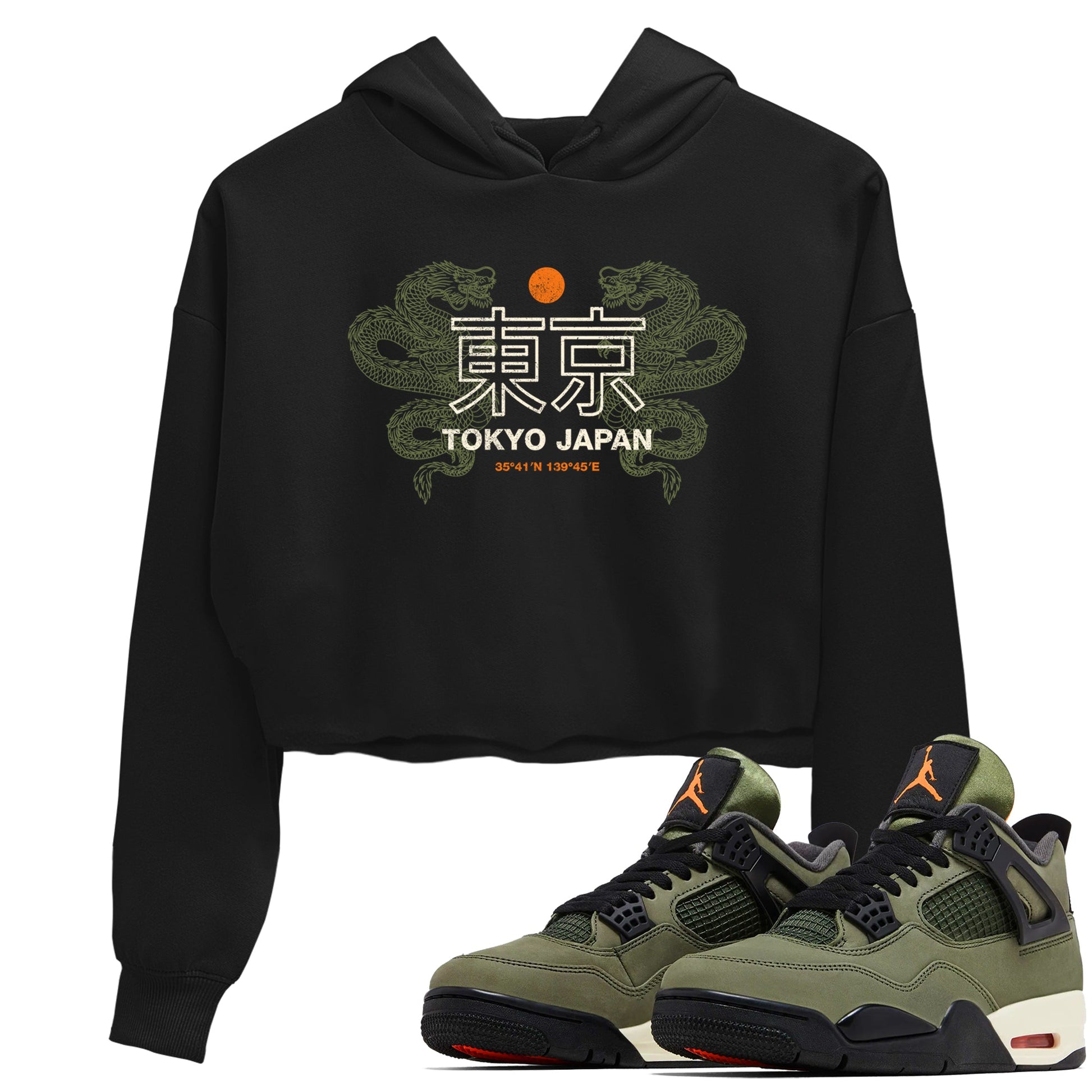 Sneaker match tees – Sneaker Tees To Match Undefeated inspired colorways Air Jordan 4 OG Olive Shoes – Tokyo Dragons Crop T-Shirt Black 1