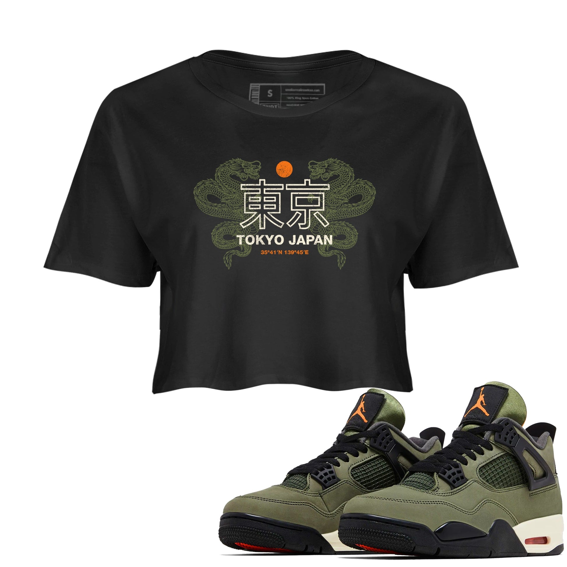Sneaker match tees – Sneaker Tees To Match Undefeated inspired colorways Air Jordan 4 OG Olive Shoes – Tokyo Dragons Crop T-Shirt Black 1