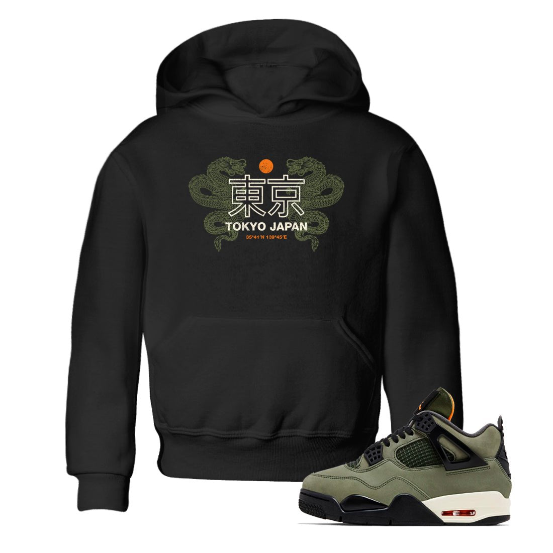 Sneaker match tees – Sneaker Tees To Match Undefeated inspired colorways Air Jordan 4 OG Olive Shoes – Tokyo Dragons Kids T-Shirt Black 1