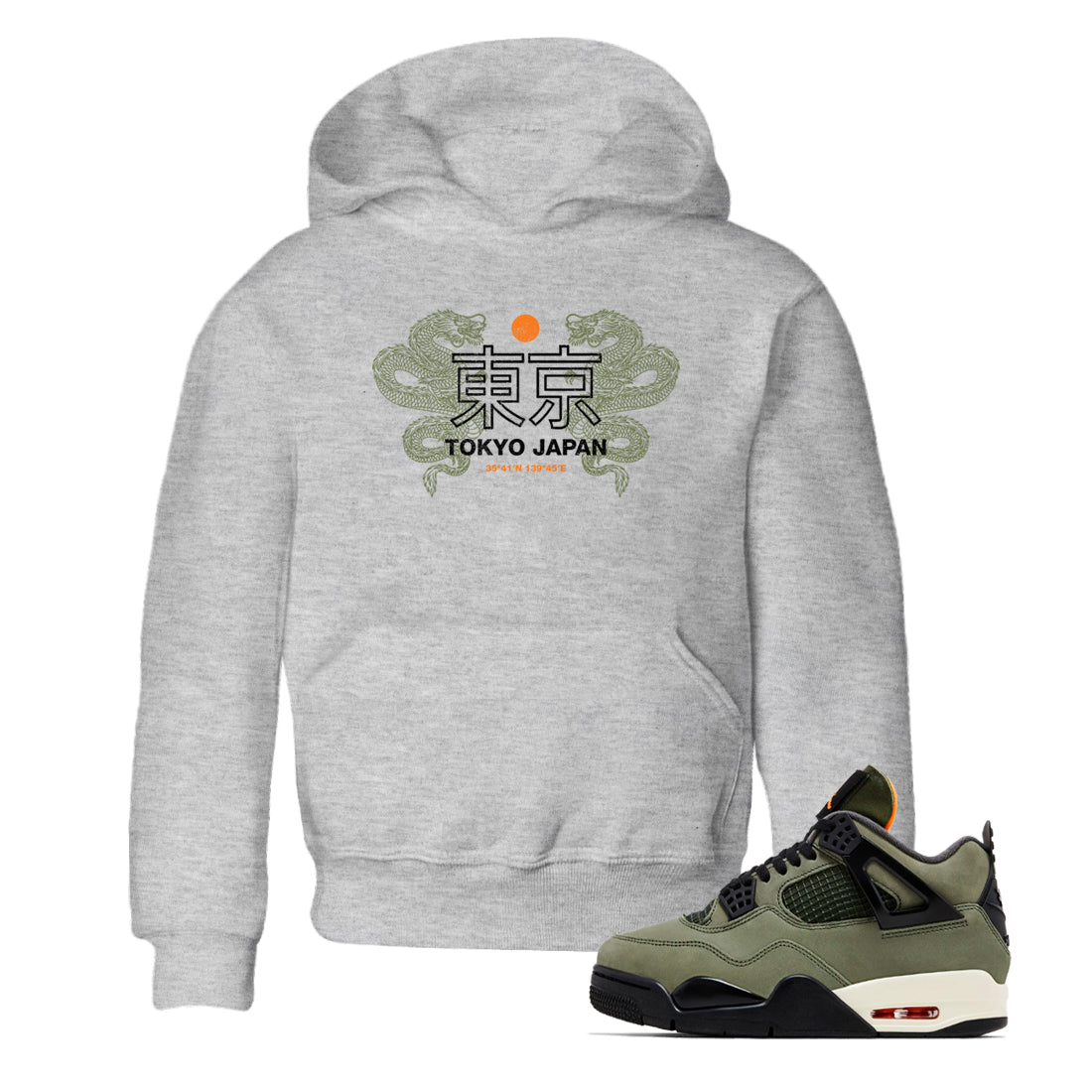 Sneaker match tees – Sneaker Tees To Match Undefeated inspired colorways Air Jordan 4 OG Olive Shoes – Tokyo Dragons Kids T-Shirt Heather Grey 1