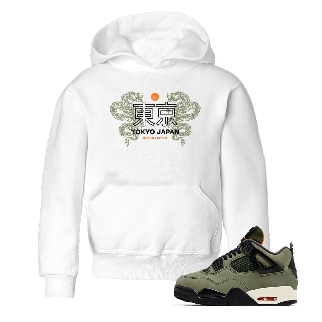 Sneaker match tees – Sneaker Tees To Match Undefeated inspired colorways Air Jordan 4 OG Olive Shoes – Tokyo Dragons Kids T-Shirt White 1
