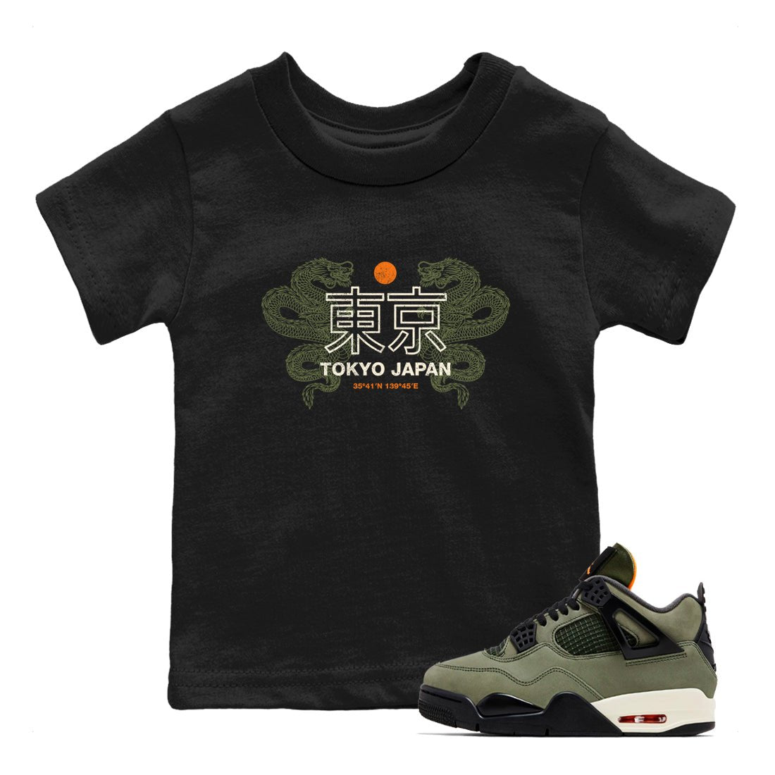 Sneaker match tees – Sneaker Tees To Match Undefeated inspired colorways Air Jordan 4 OG Olive Shoes – Tokyo Dragons Kids T-Shirt Black 1