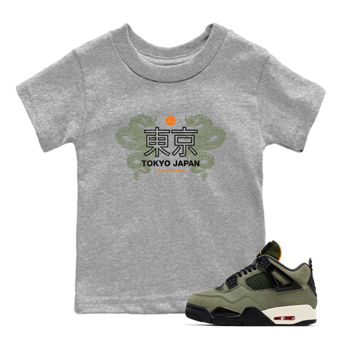 Sneaker match tees – Sneaker Tees To Match Undefeated inspired colorways Air Jordan 4 OG Olive Shoes – Tokyo Dragons Kids T-Shirt Heather Grey 1