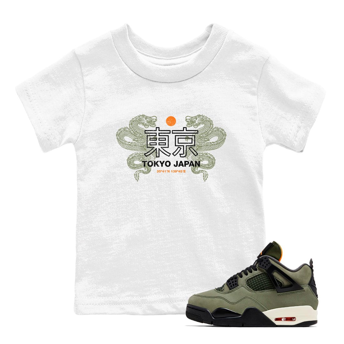 Sneaker match tees – Sneaker Tees To Match Undefeated inspired colorways Air Jordan 4 OG Olive Shoes – Tokyo Dragons Kids T-Shirt White 1