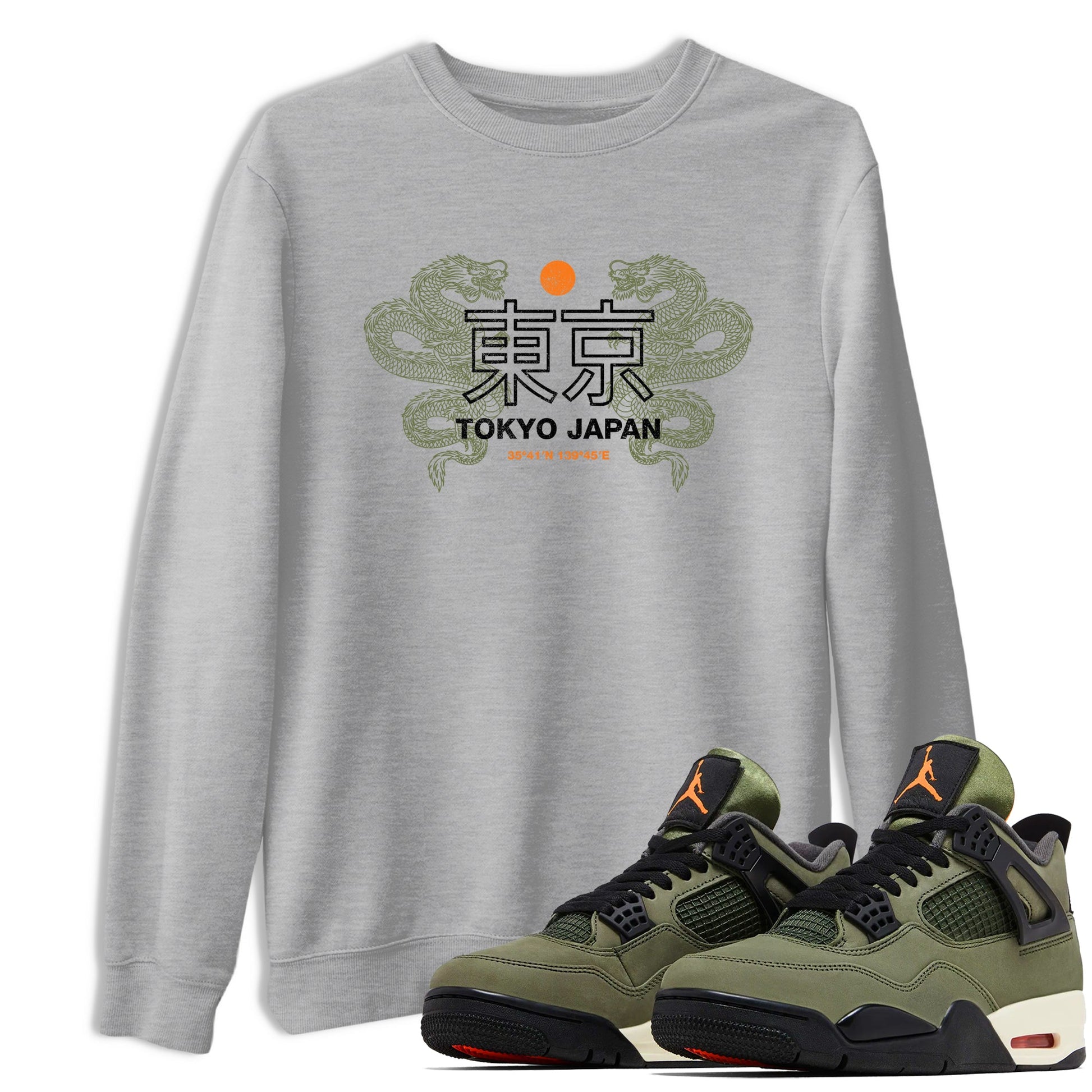 Sneaker match tees – Sneaker Tees To Match Undefeated inspired colorways Air Jordan 4 OG Olive Shoes – Tokyo Dragons Tee Heather Grey 1