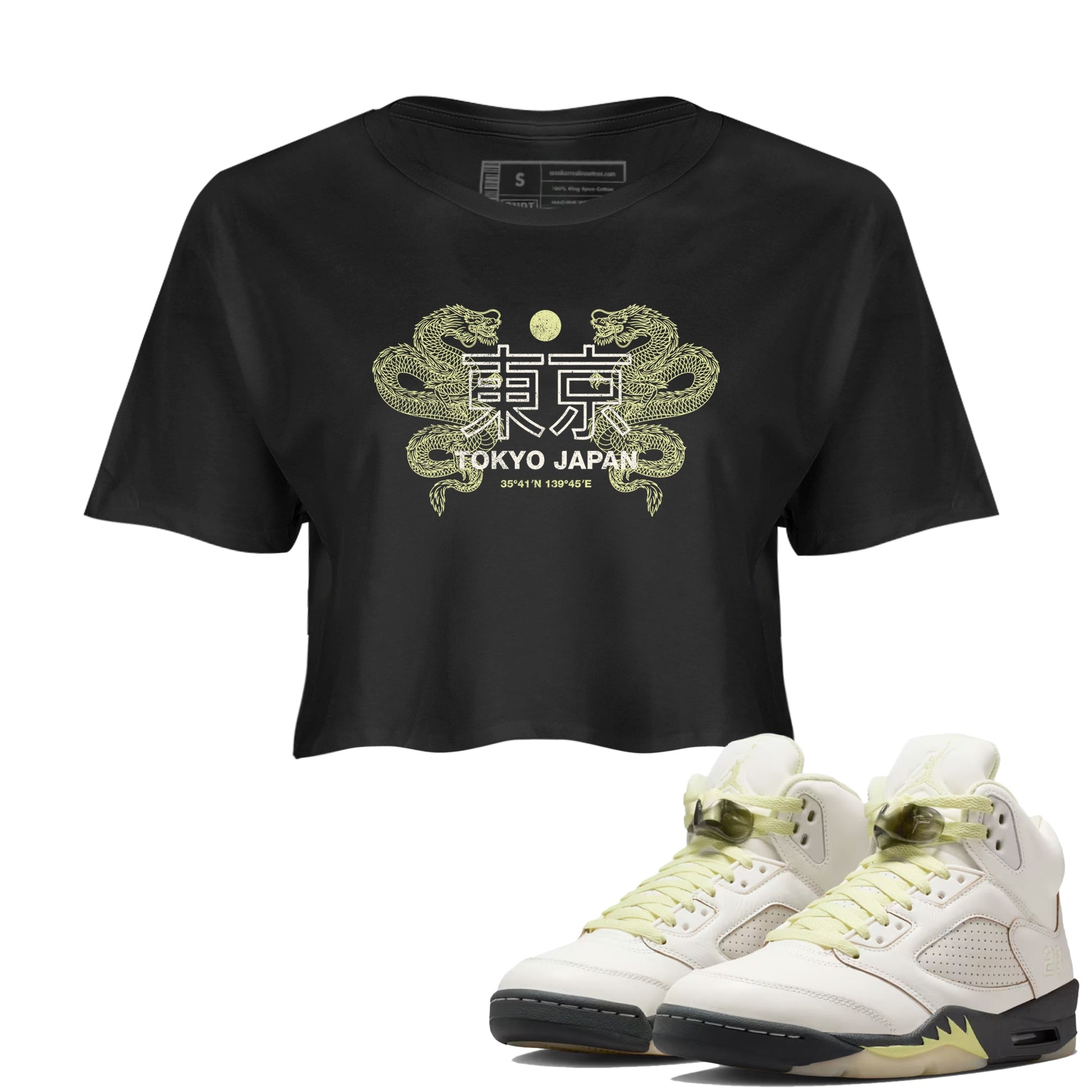 Sneaker match tees – Sneaker Tees To Match Air Jordan 5 Luminous Green Shoes – Tokyo Dragons Crop T-Shirt Black 1