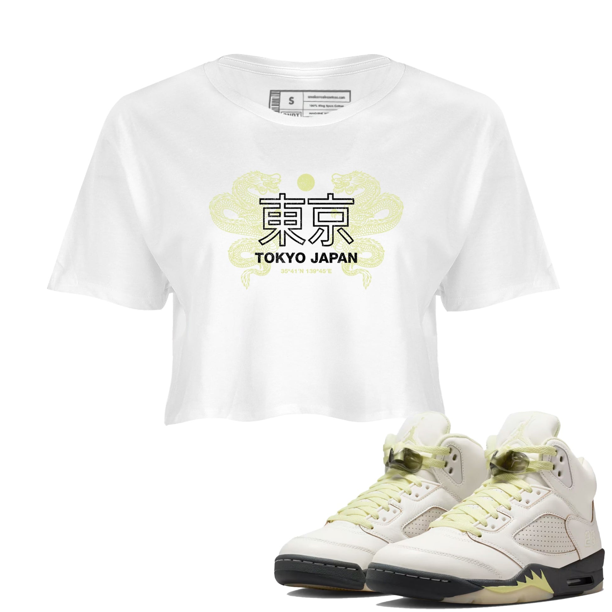 Sneaker match tees – Sneaker Tees To Match Air Jordan 5 Luminous Green Shoes – Tokyo Dragons Crop T-Shirt White 1