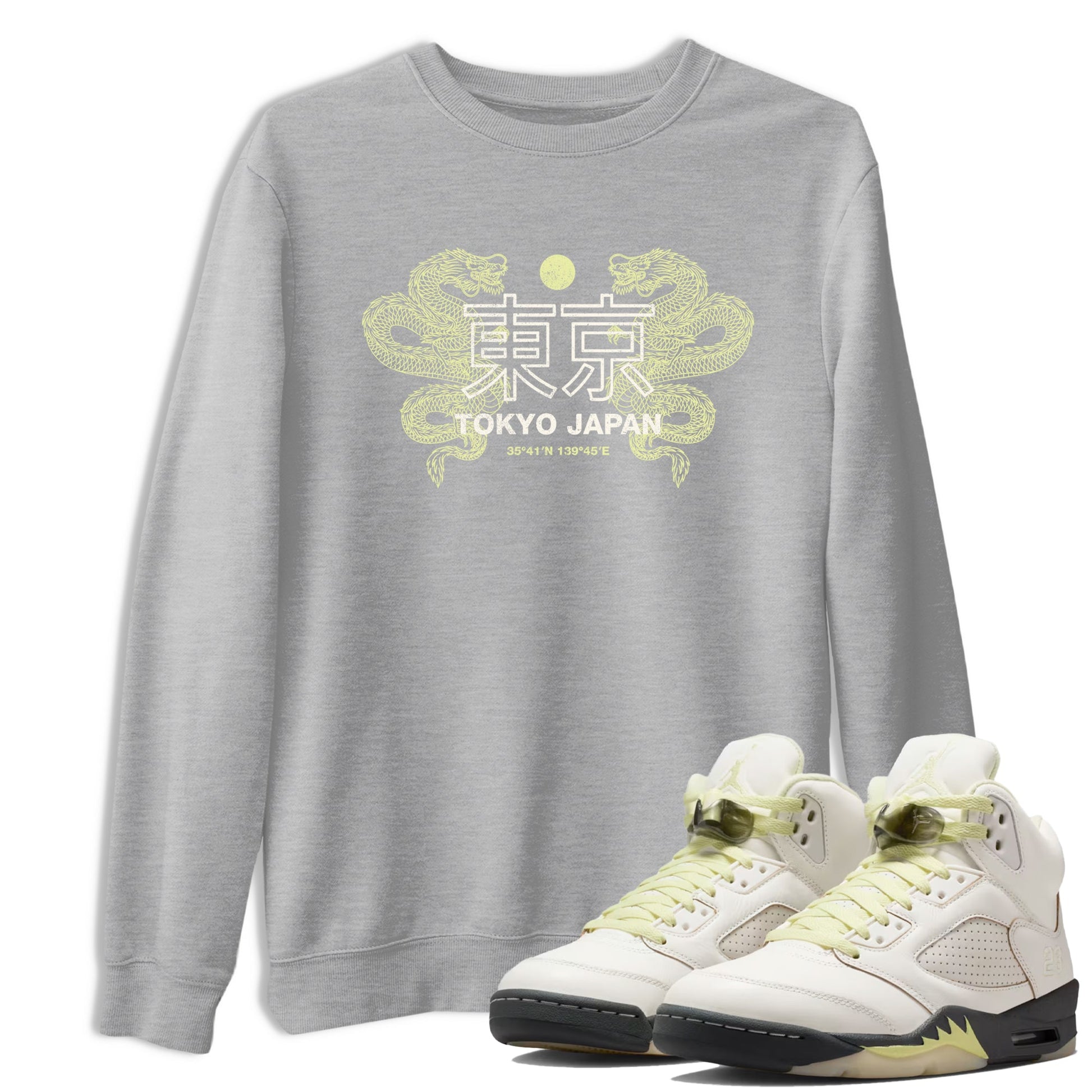 Sneaker match tees – Sneaker Tees To Match Air Jordan 5 Luminous Green Shoes – Tokyo Dragons Tee Heather Grey 1
