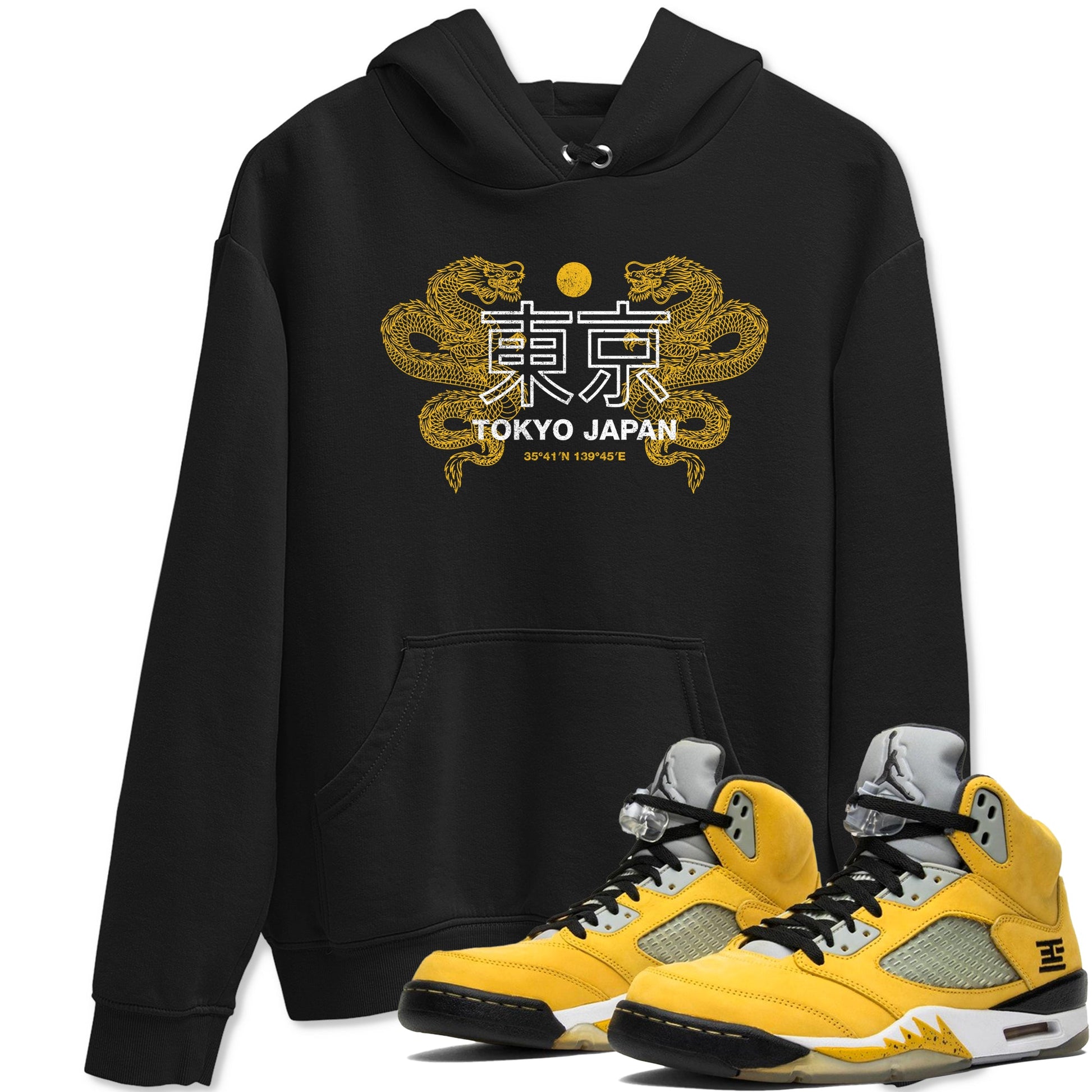Tokyo Dragons sneaker match t-shirt styled to complete your fit with the Air Jordan 5 Tokyo sneakers, shown in Black 1.