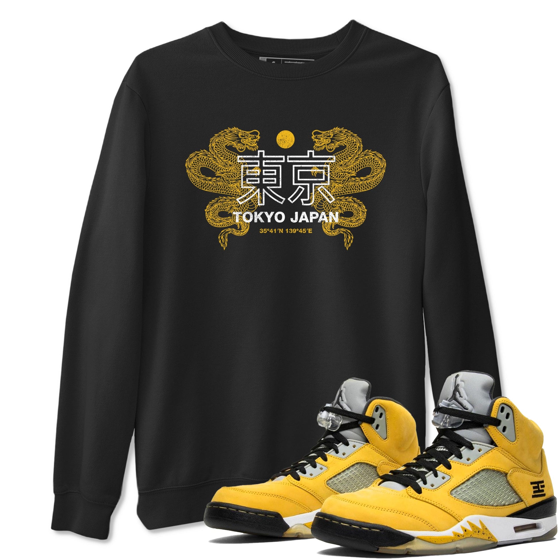 Tokyo Dragons sneaker match t-shirt styled to complete your fit with the Air Jordan 5 Tokyo sneakers, shown in Black 1.