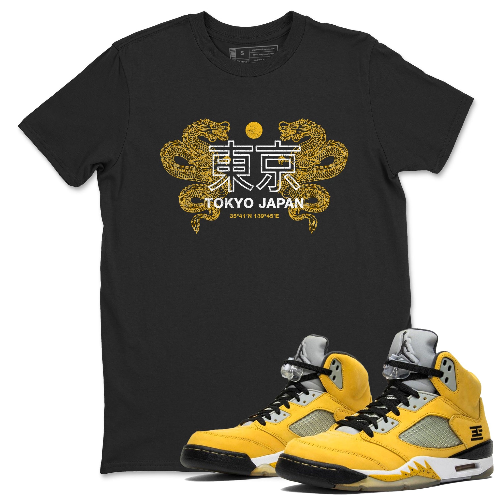 Tokyo Dragons sneaker match t-shirt styled to complete your fit with the Air Jordan 5 Tokyo sneakers, shown in Black 1.