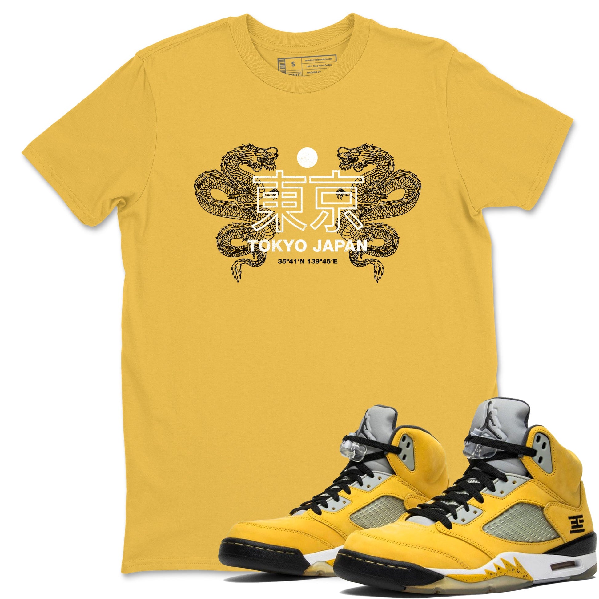 Tokyo Dragons sneaker match t-shirt styled to complete your fit with the Air Jordan 5 Tokyo sneakers, shown in Daisy 1.