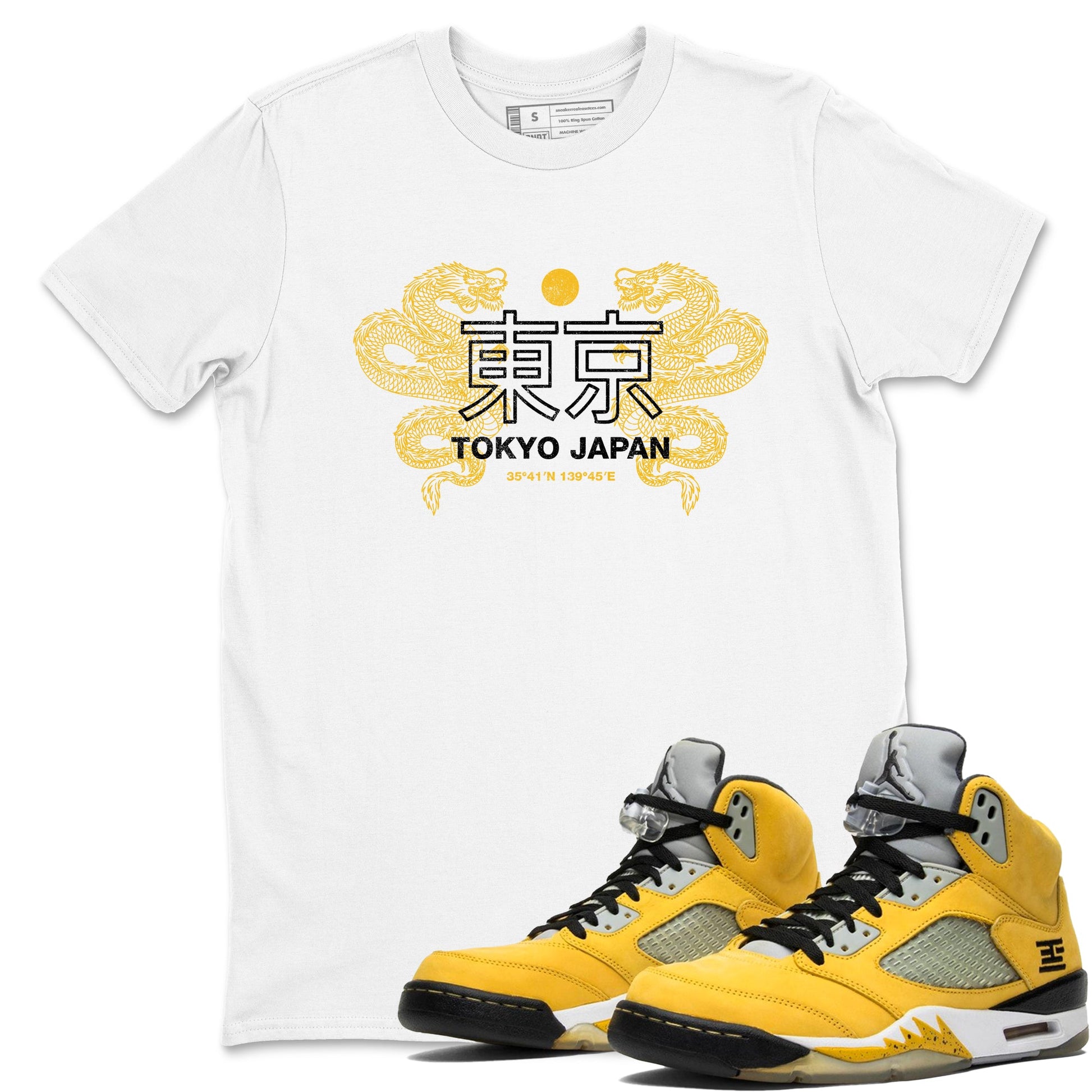 Tokyo Dragons sneaker match t-shirt styled to complete your fit with the Air Jordan 5 Tokyo sneakers, shown in White 1.