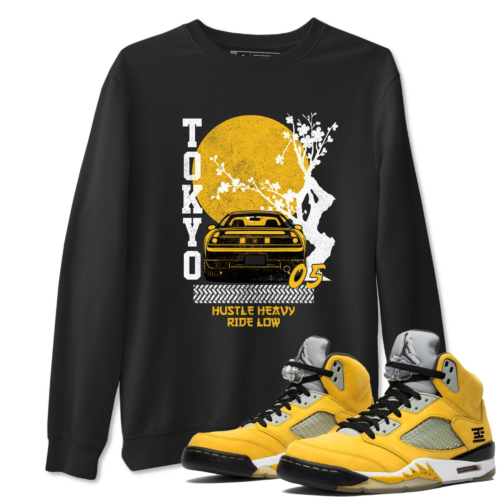 Tokyo Drift sneaker match t-shirt styled to complete your fit with the Air Jordan 5 Tokyo sneakers, shown in Black 1.