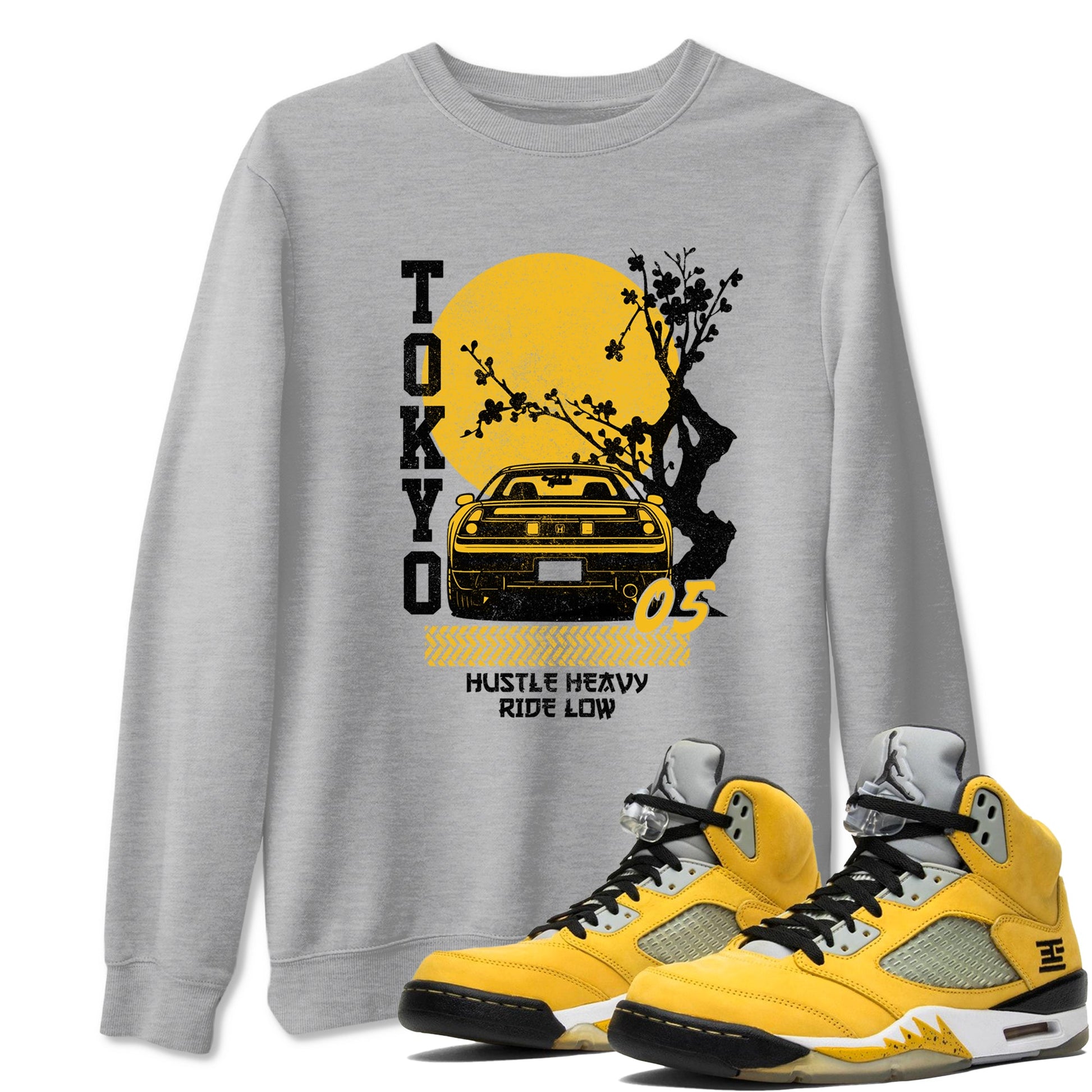 Tokyo Drift sneaker match t-shirt styled to complete your fit with the Air Jordan 5 Tokyo sneakers, shown in Heather Grey 1.