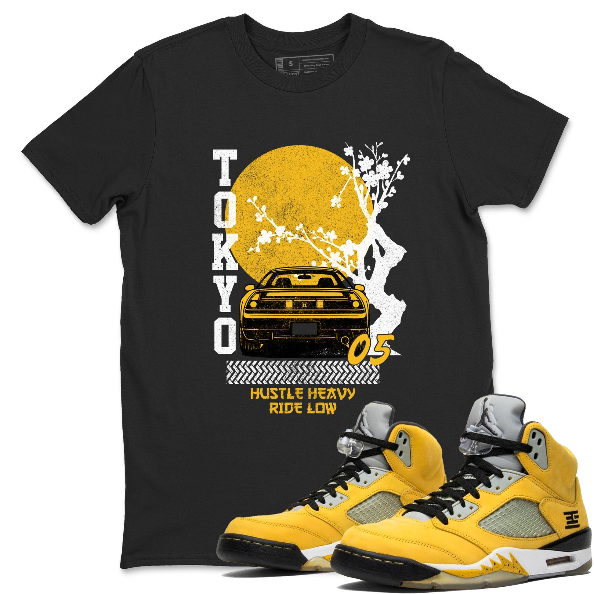 Tokyo Drift sneaker match t-shirt styled to complete your fit with the Air Jordan 5 Tokyo sneakers, shown in Black 1.