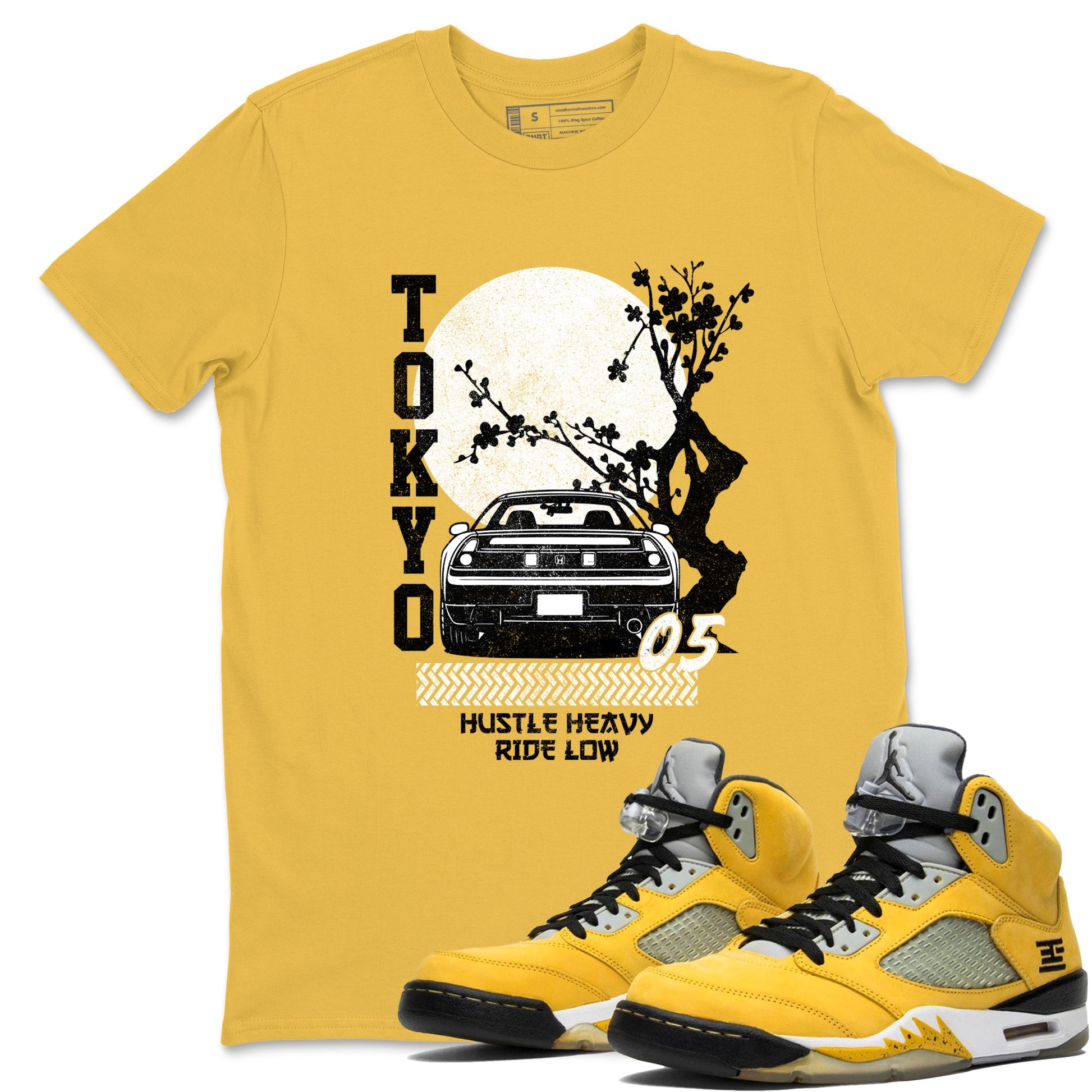 Tokyo Drift sneaker match t-shirt styled to complete your fit with the Air Jordan 5 Tokyo sneakers, shown in Daisy 1.