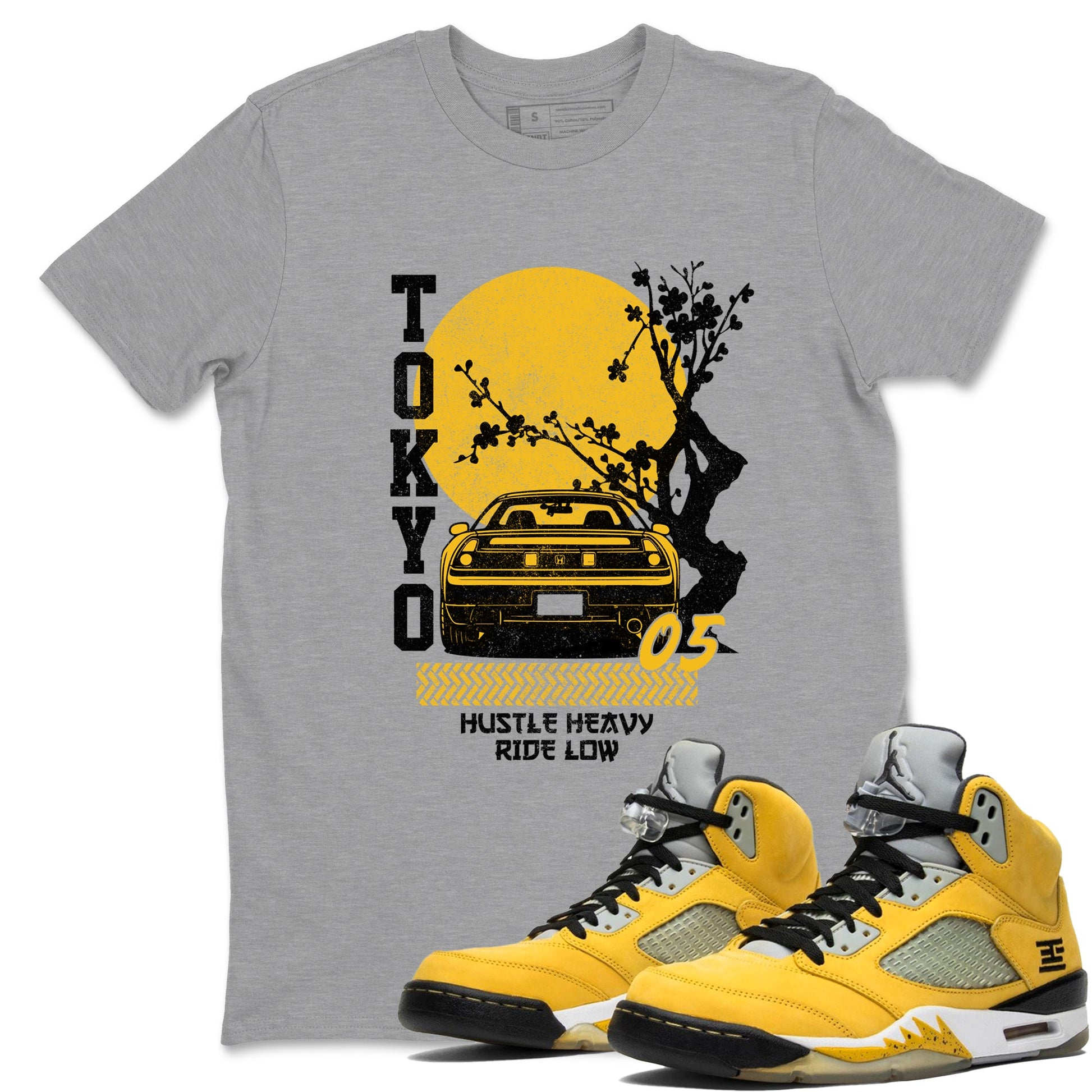 Tokyo Drift sneaker match t-shirt styled to complete your fit with the Air Jordan 5 Tokyo sneakers, shown in Heather Grey 1.