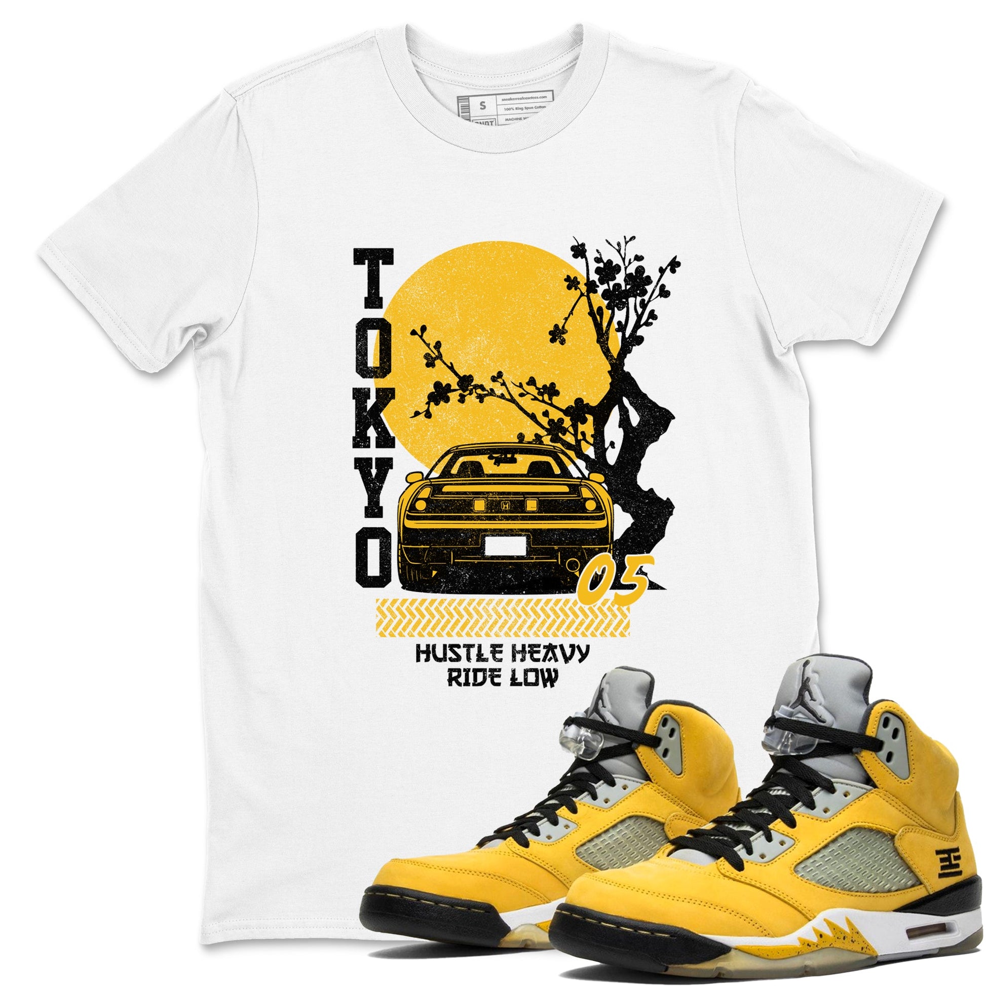 Tokyo Drift sneaker match t-shirt styled to complete your fit with the Air Jordan 5 Tokyo sneakers, shown in White 1.