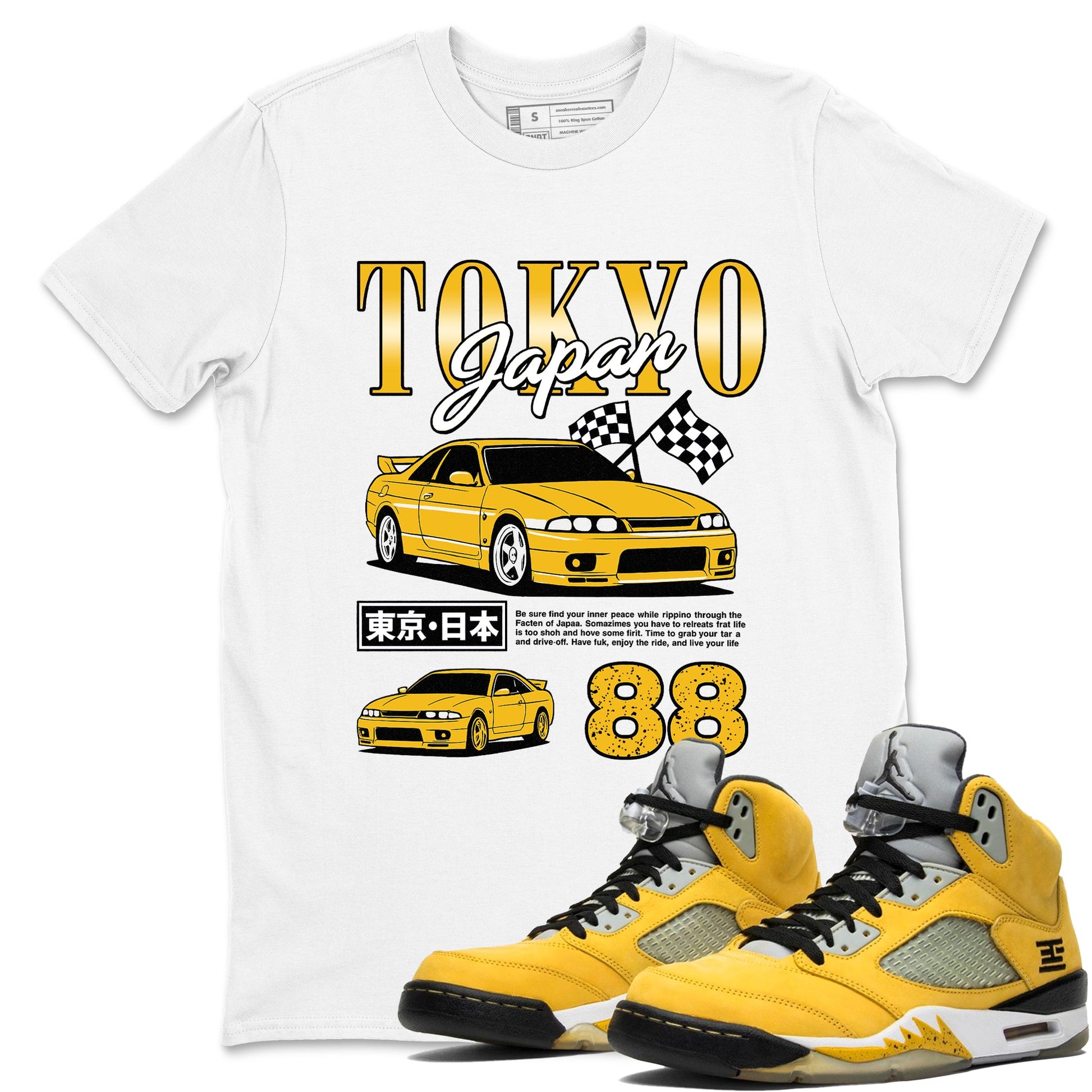 Tokyo Drift Mode sneaker match tees styled to complete your fit with the 5s Tokyo sneakers, shown in White 1.