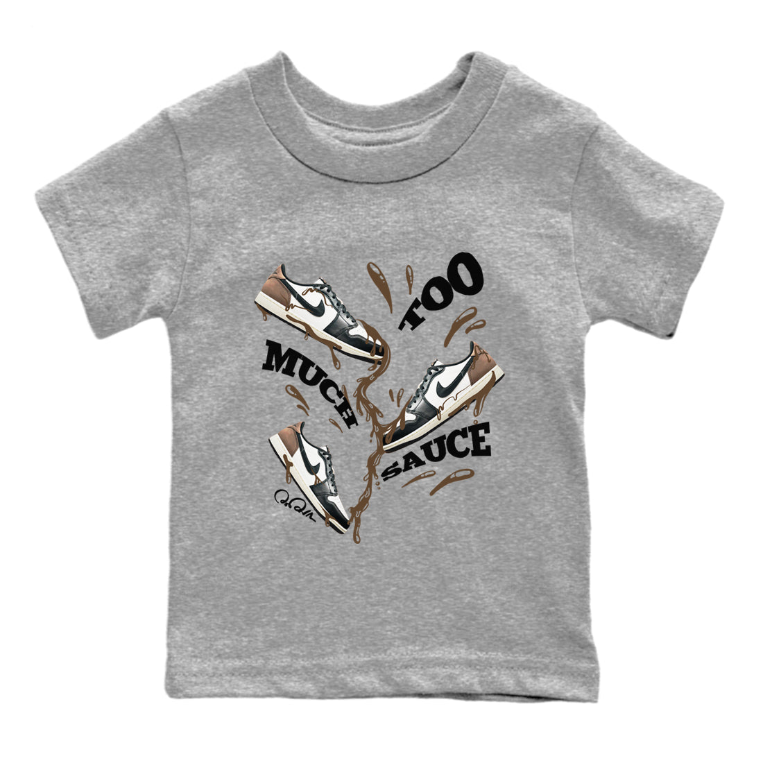 1s Low OG Mocha shirts to match jordans Too Much Sauce sneaker match tees Air Jordan 1 Mocha match shoes to clothes SNRT Sneaker Tees Youth Baby Heather Grey 2 tee