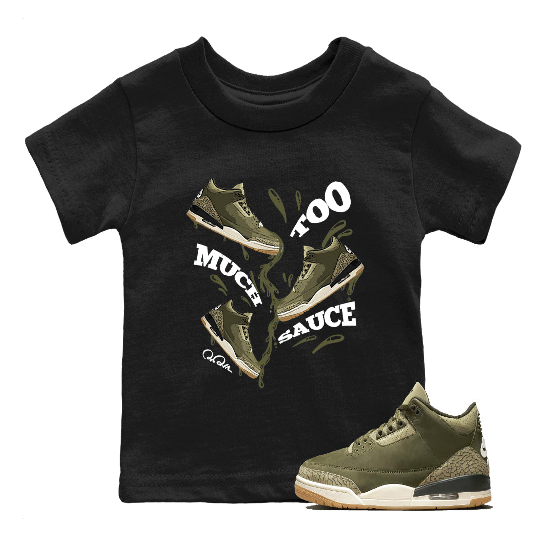 Sneaker Threads – Sneaker Tees To Match Air Jordan 3 Medium Olive – Too Much Sauce Youth Graphic Tee Black 1. Perfect for Jordan releases 2025 colorways.
