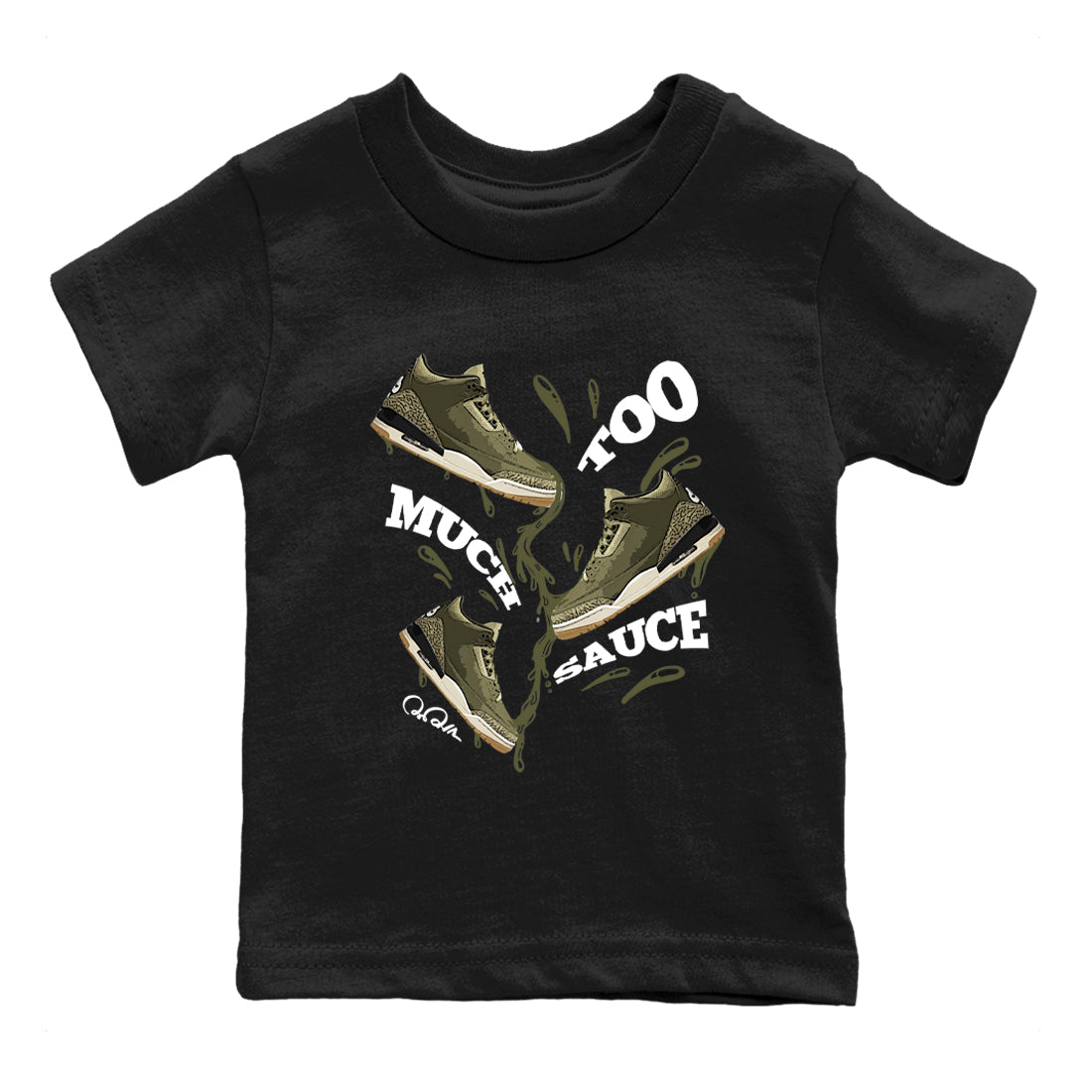 Sneaker Threads – Sneaker Tees To Match Air Jordan 3 Medium Olive – Too Much Sauce Youth Graphic Tee Black 2. Perfect for Jordan releases 2025 colorways.