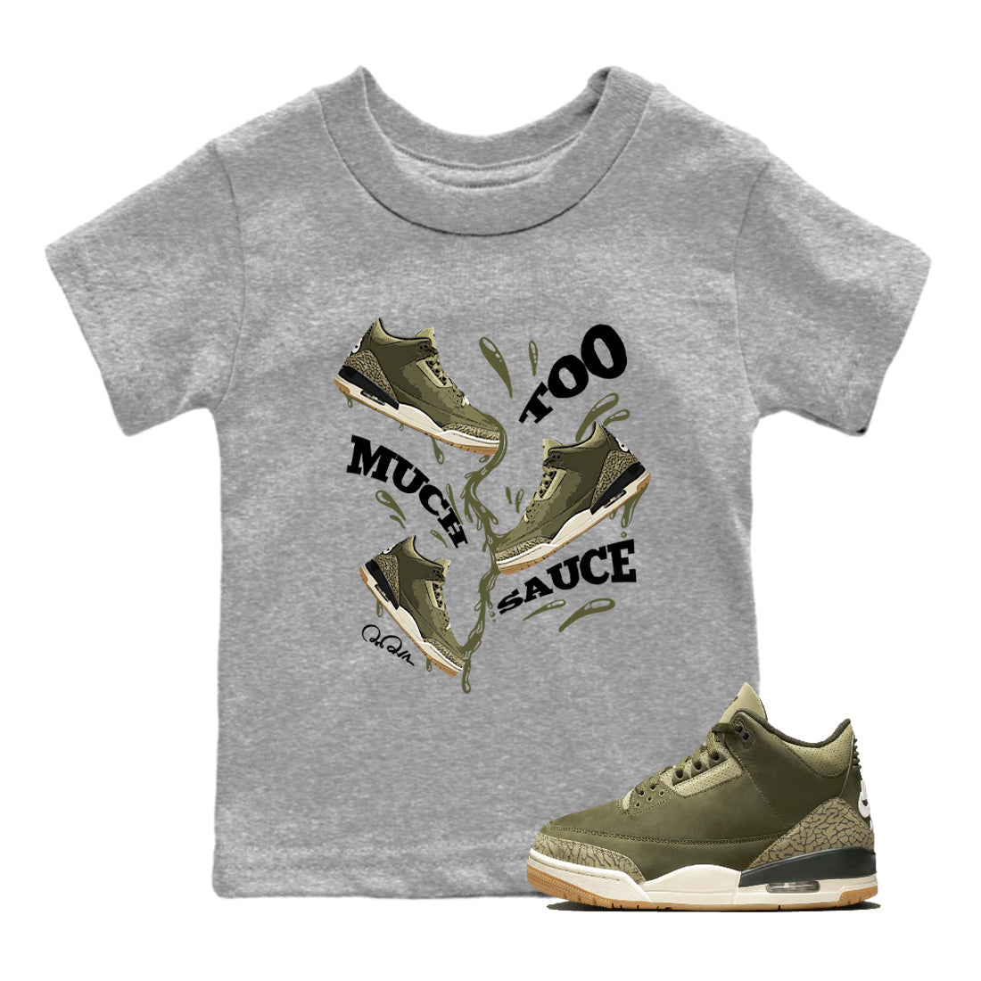 Sneaker Threads – Sneaker Tees To Match Air Jordan 3 Medium Olive – Too Much Sauce Youth Graphic Tee Heather Grey 1. Perfect for Jordan releases 2025 colorways.