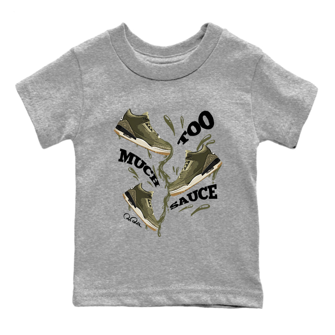 Sneaker Threads – Sneaker Tees To Match Air Jordan 3 Medium Olive – Too Much Sauce Youth Graphic Tee Heather Grey 2. Perfect for Jordan releases 2025 colorways.