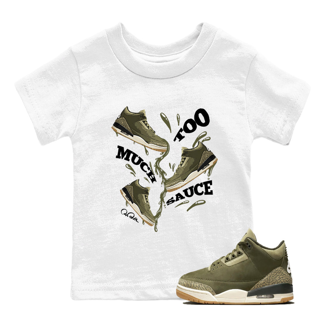 Sneaker Threads – Sneaker Tees To Match Air Jordan 3 Medium Olive – Too Much Sauce Youth Graphic Tee White 1. Perfect for Jordan releases 2025 colorways.
