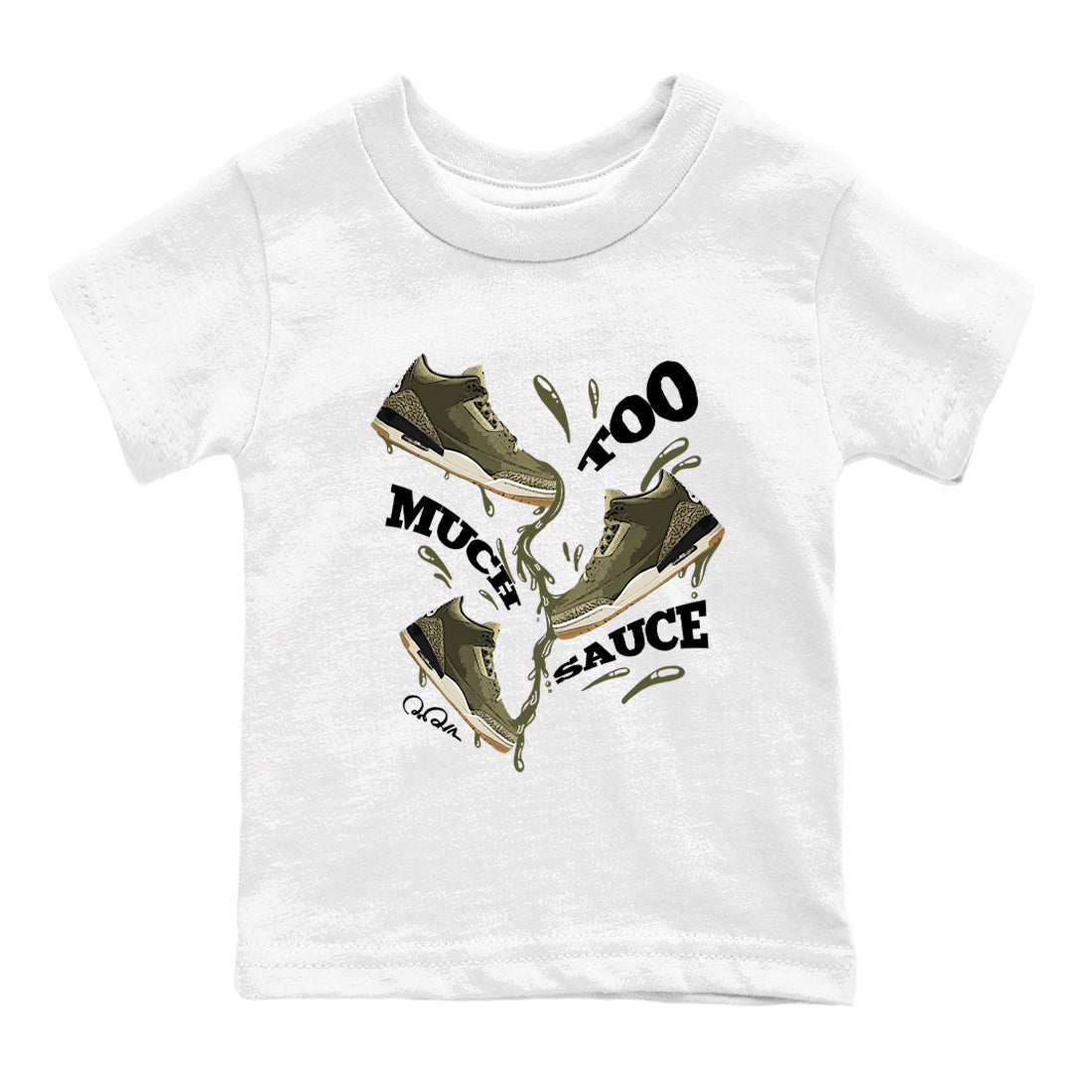 Sneaker Threads – Sneaker Tees To Match Air Jordan 3 Medium Olive – Too Much Sauce Youth Graphic Tee White 2. Perfect for Jordan releases 2025 colorways.