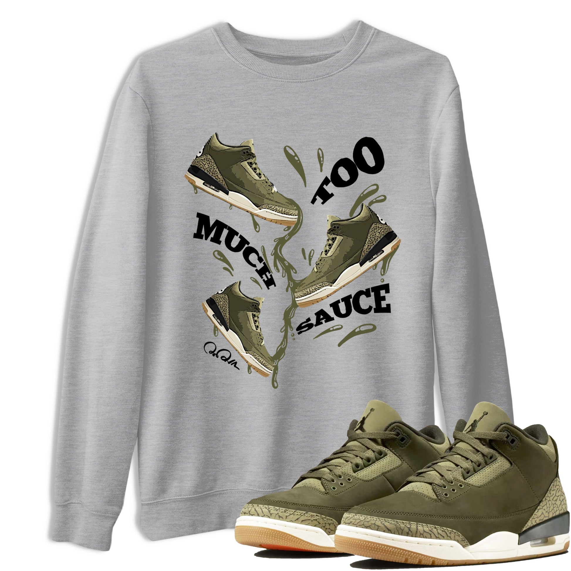 Sneaker Threads – Sneaker Tees To Match Air Jordan 3 Medium Olive – Too Much Sauce Graphic Tee Heather Grey 1. Perfect for Jordan releases 2025 colorways.