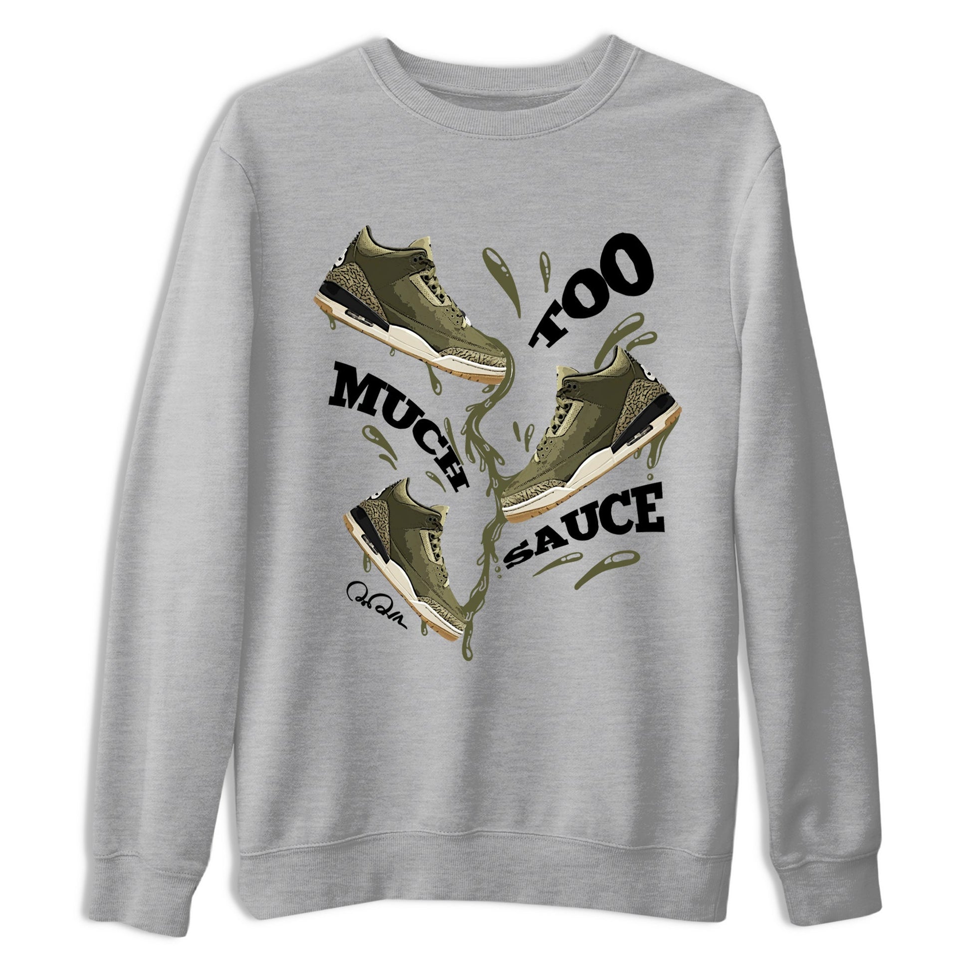 Sneaker Threads – Sneaker Tees To Match Air Jordan 3 Medium Olive – Too Much Sauce Graphic Tee Heather Grey 2. Perfect for Jordan releases 2025 colorways.